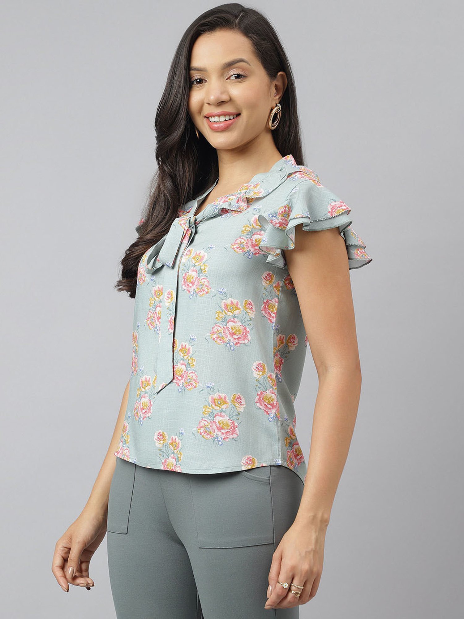 Latin Quarters Light Pewter Floral Print Top