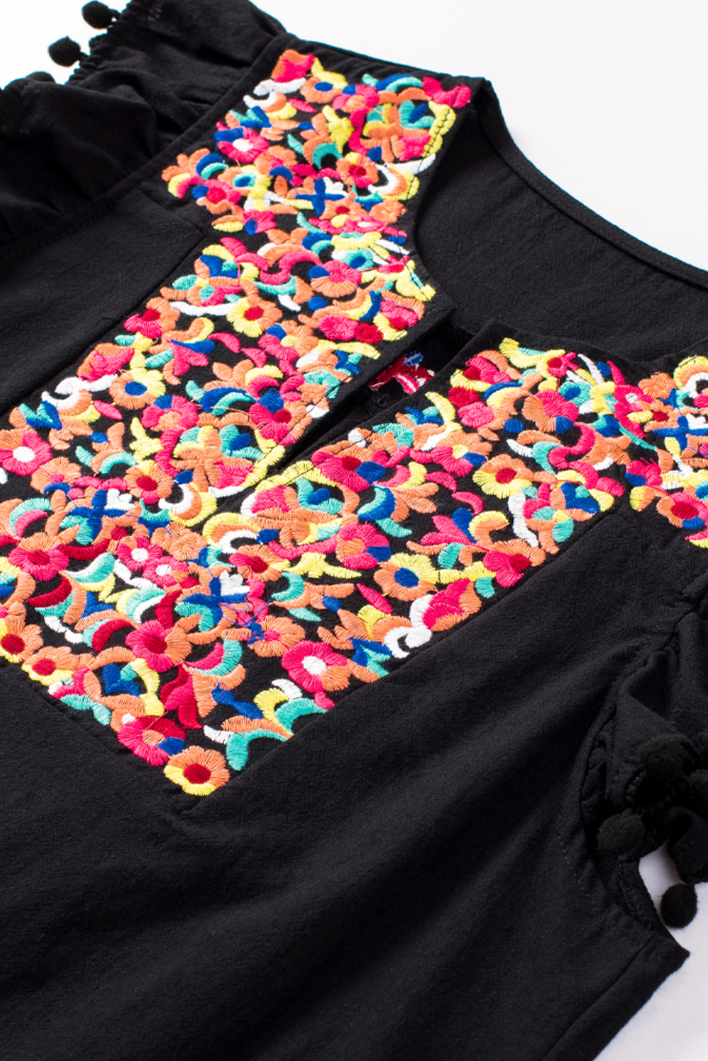 Black Pom Pom A Line Ruffled Sleeveless Short Dress