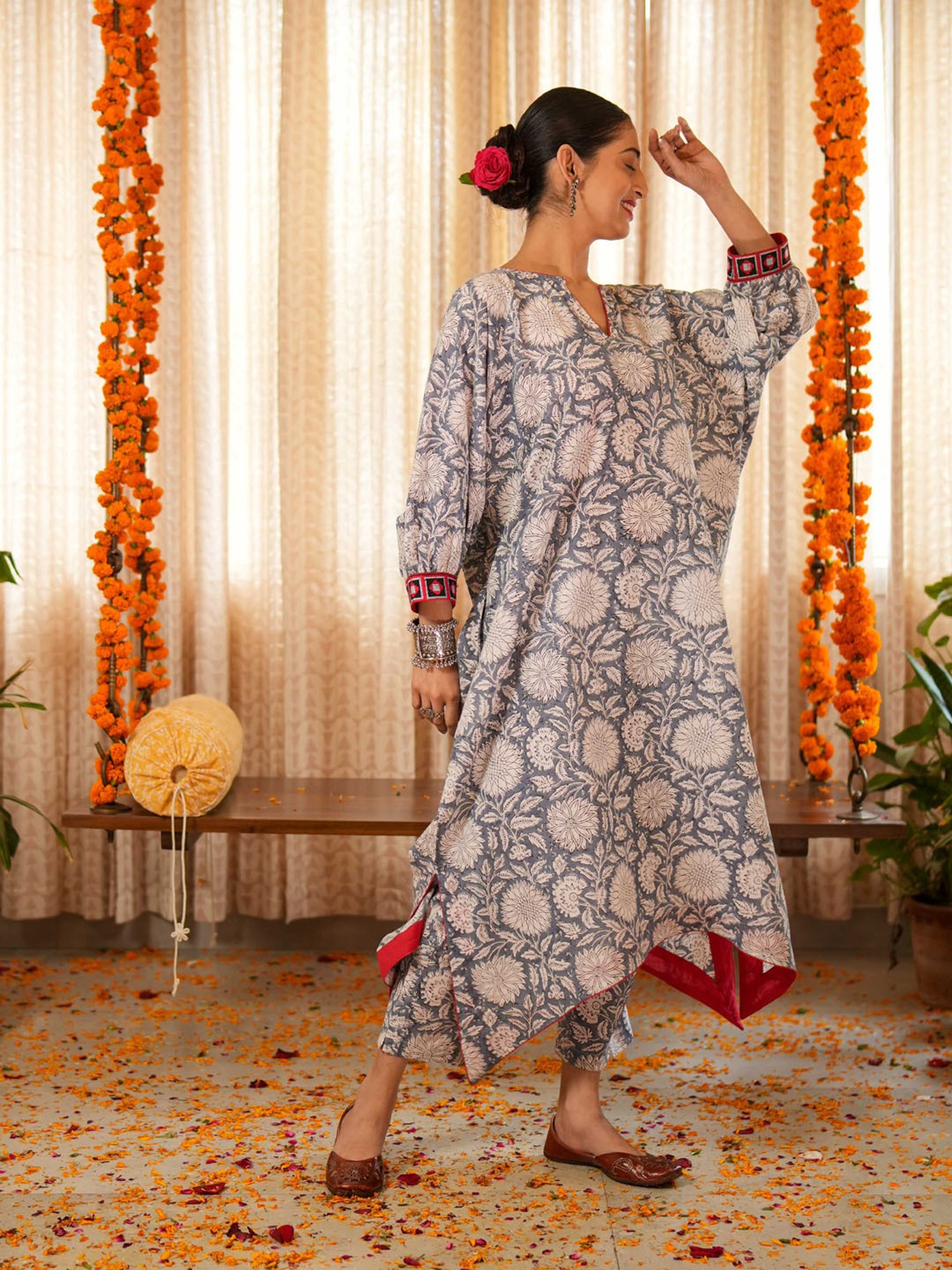 Akiso Bahama Blue Hand Asymmetrical Kaftan with Border