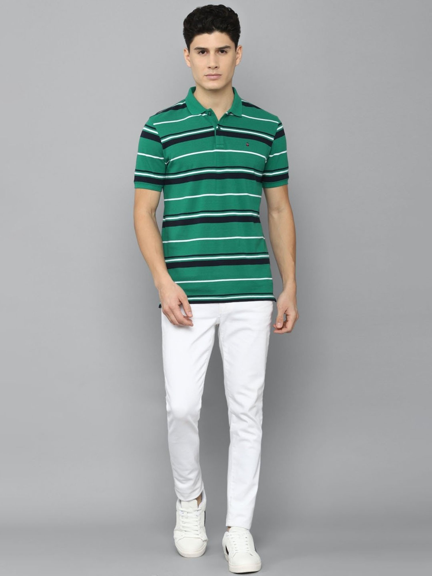 Louis Philippe Sport Green Cotton Slim Fit Striped Polo T-Shirt