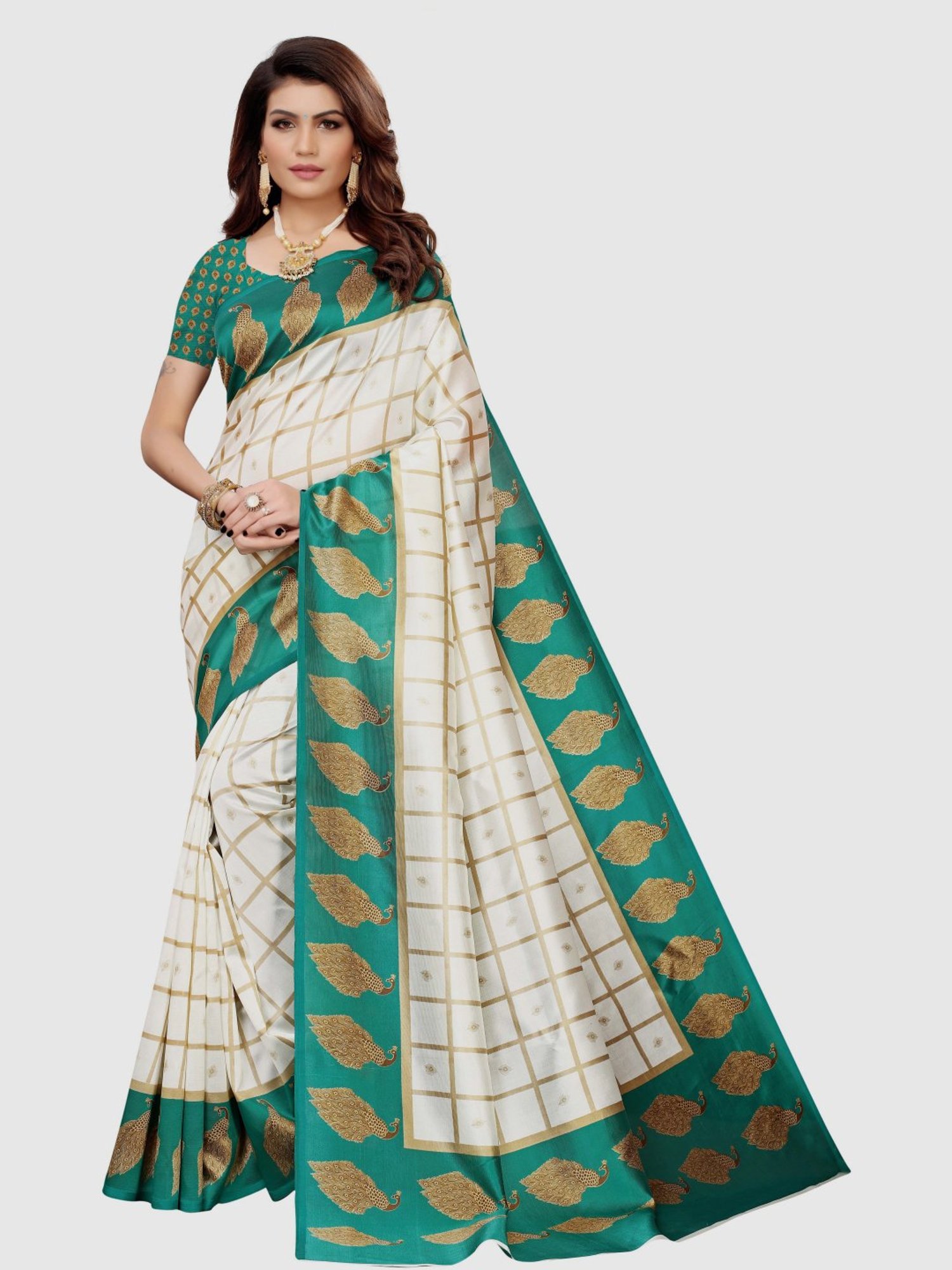KSUT Off-White & Turquoise Printed Saree With Blouse