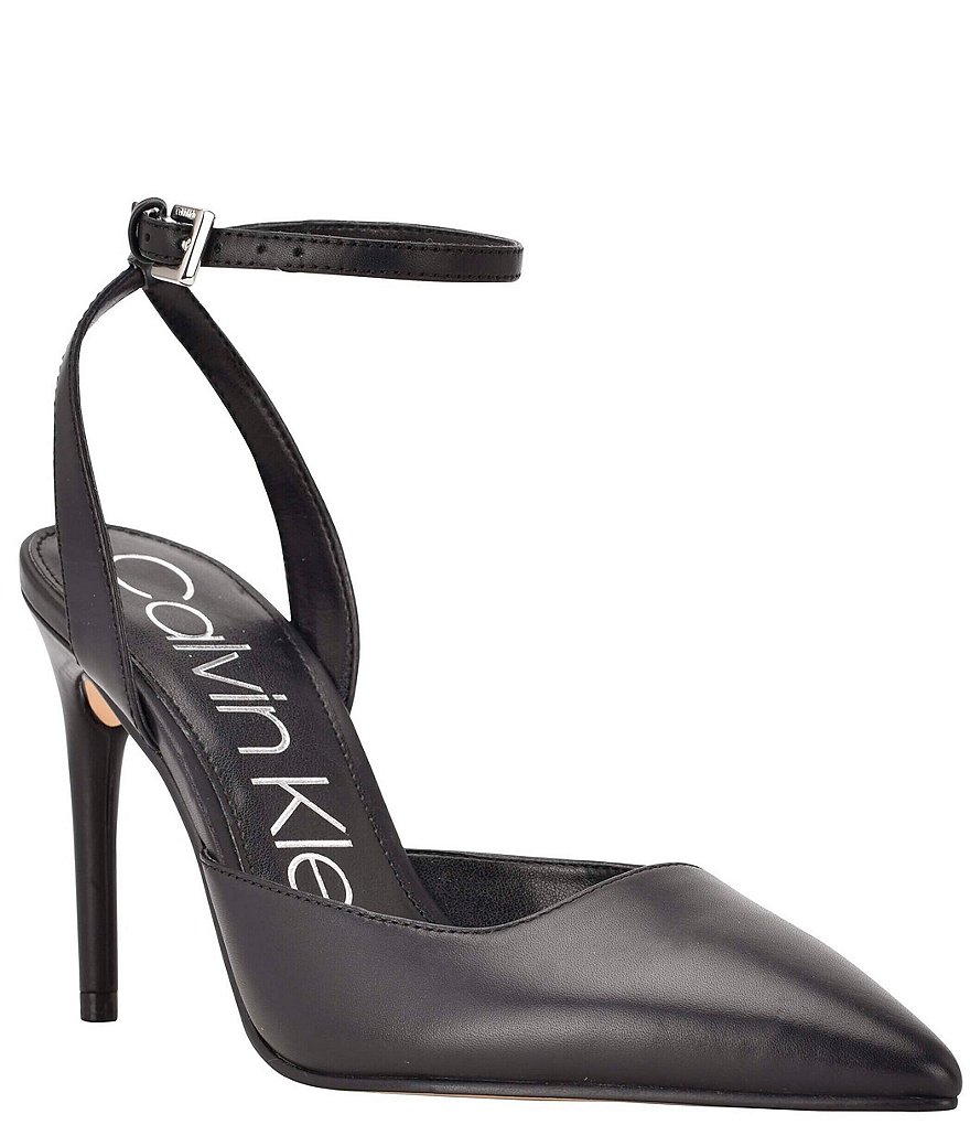 Calvin Klein Dona Leather Ankle Strap Pointed Toe Pumps