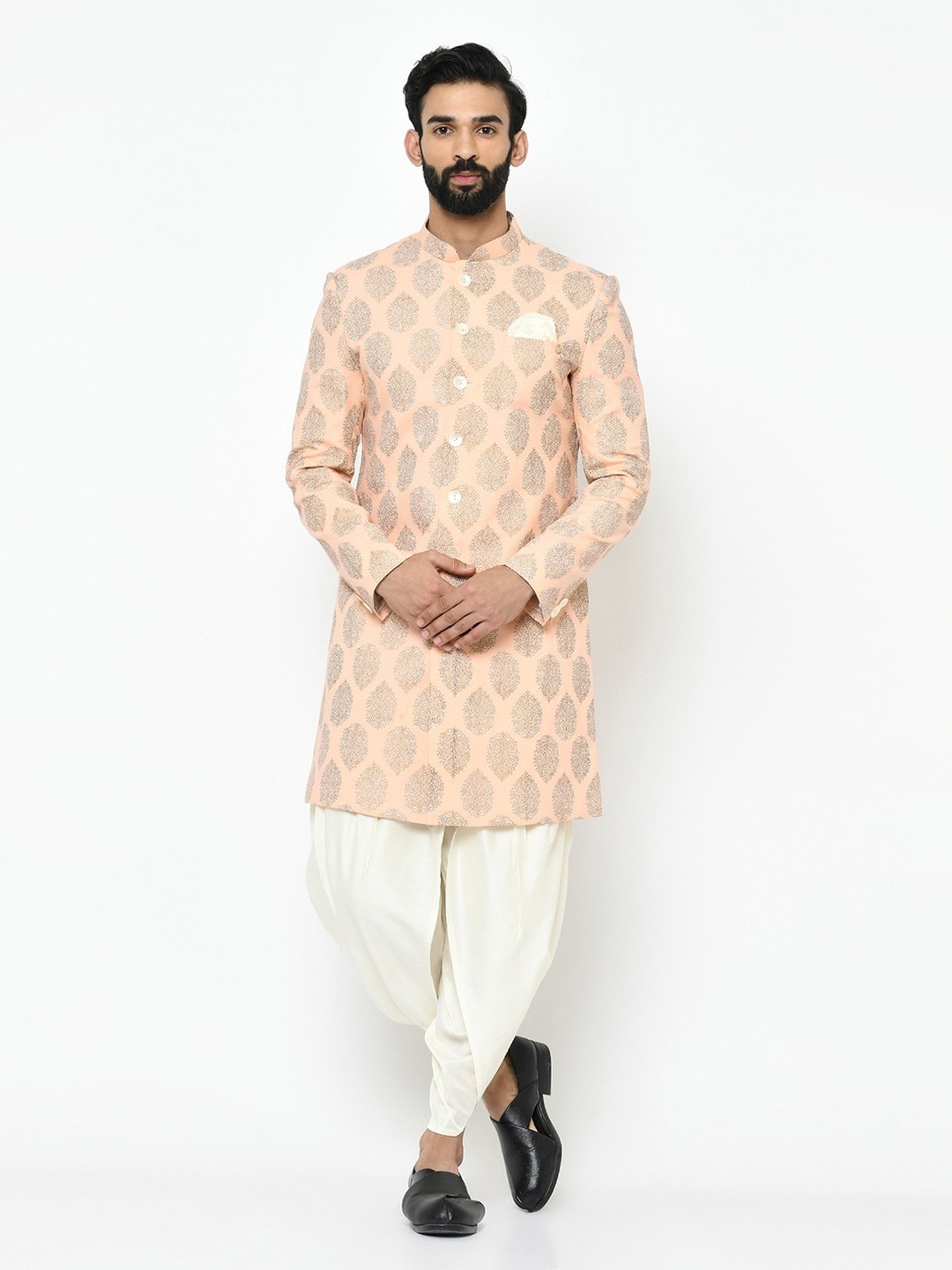 KISAH Peach & White Cotton Regular Fit Printed Sherwani Set