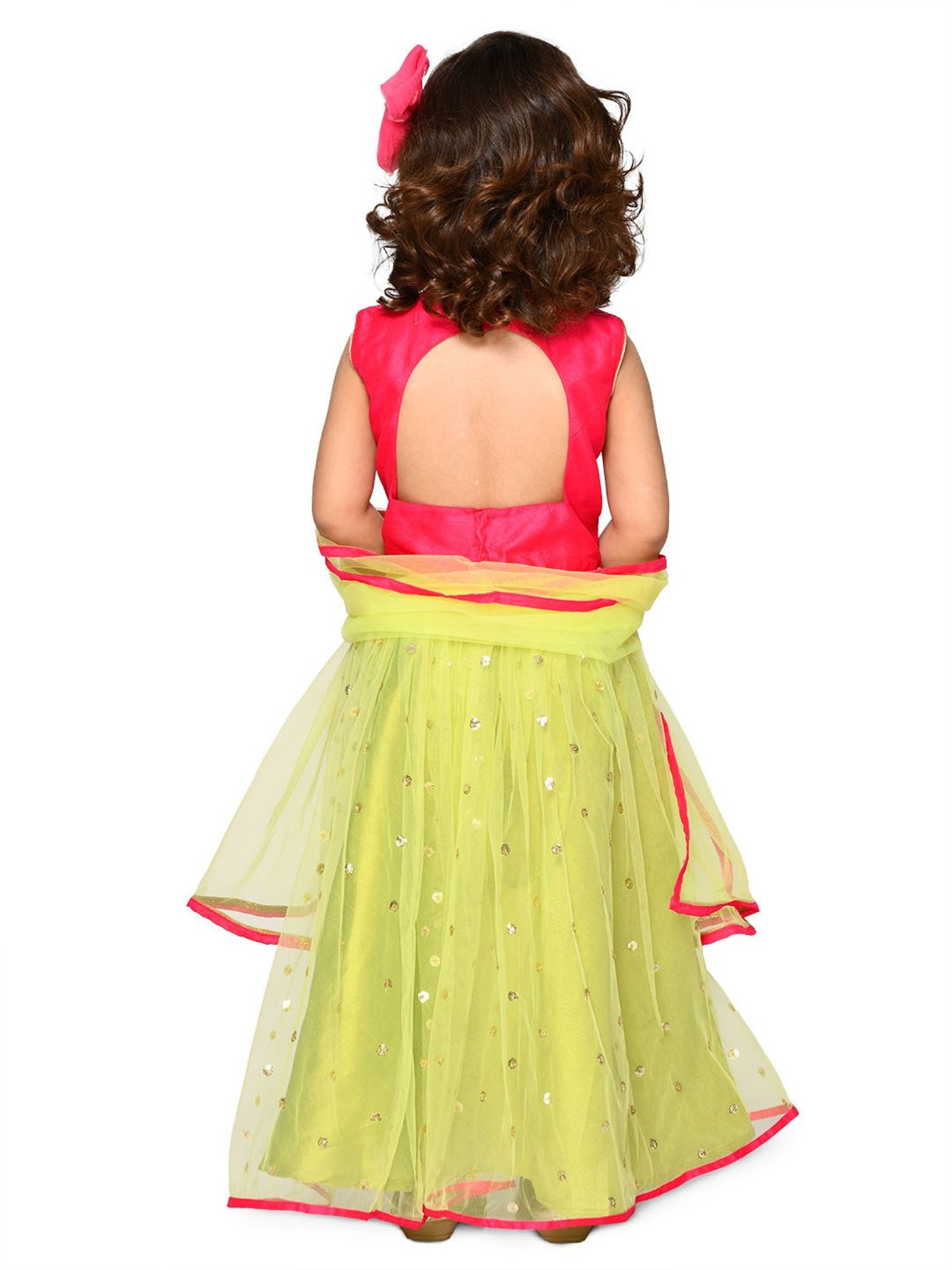 Saka Designs Kids Magenta & Neon Green Embellished Lehenga with Choli & Dupatta