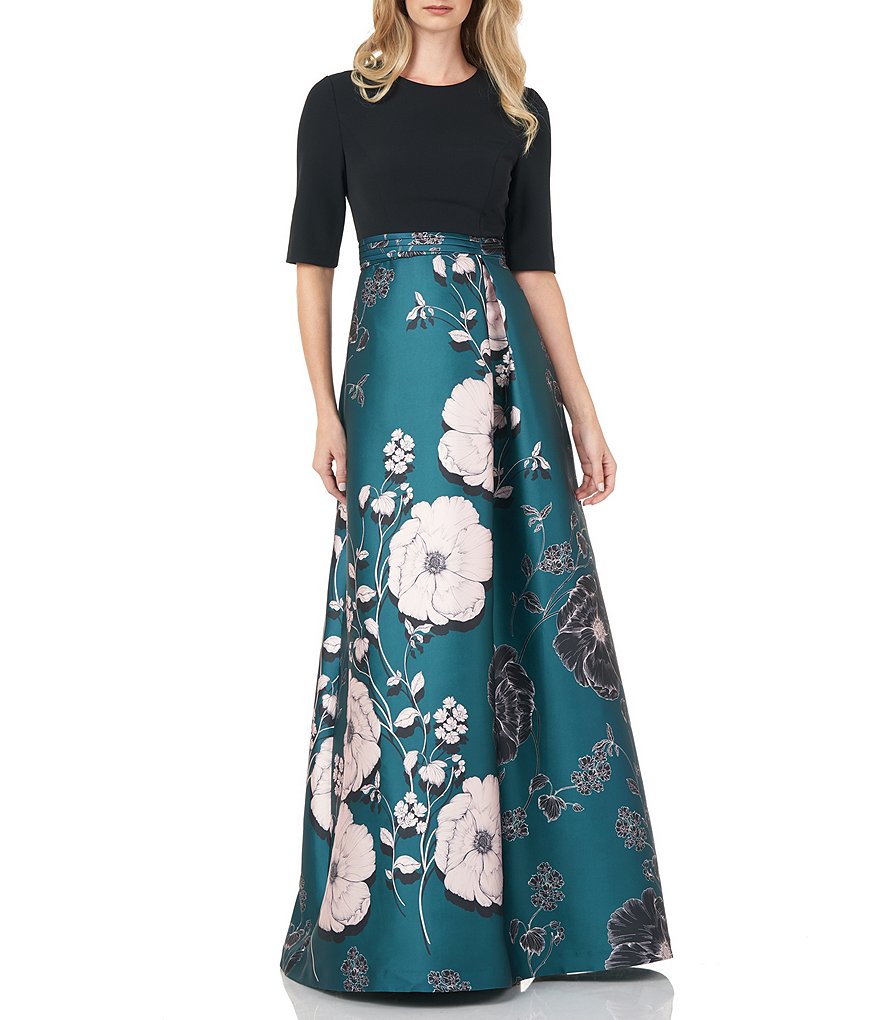 Kay Unger Crepe Bodice Floral Printed Mikado Ball Gown