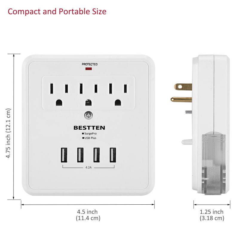 [2 Pack] BESTTEN 3 Outlet Wall Tap Adapter Surge Protector with 4 USB Charging Ports, 3 AC Outlets, and 2 Slide-Out Phone Holders, ETL Certified, White