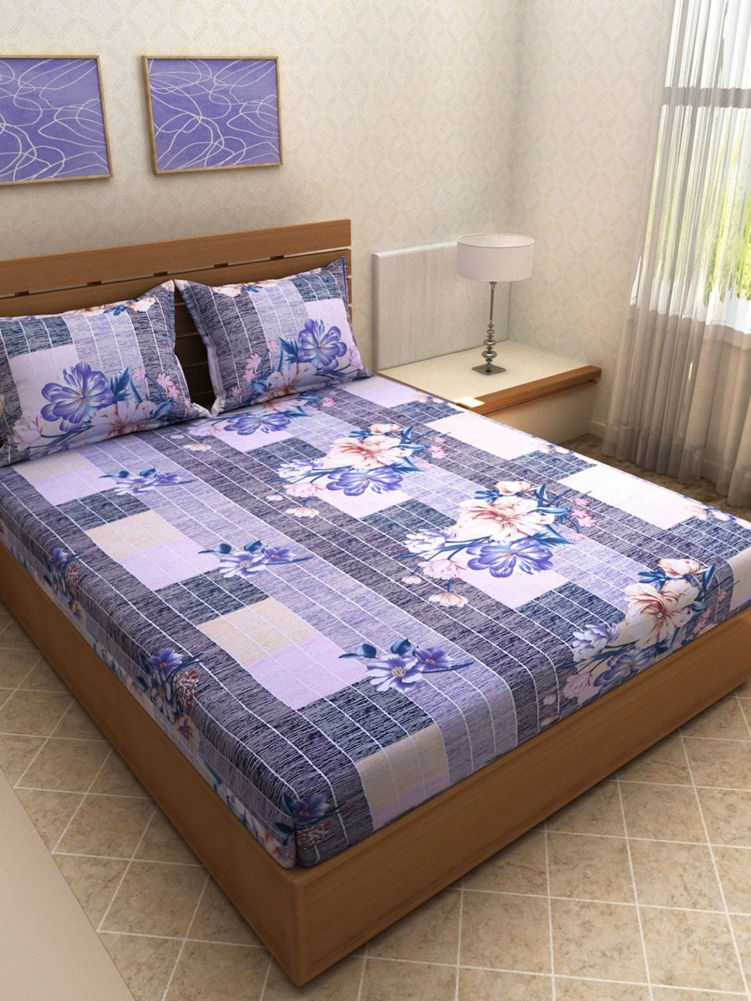 Romee Blue Microfibre Floral Bed Sheets