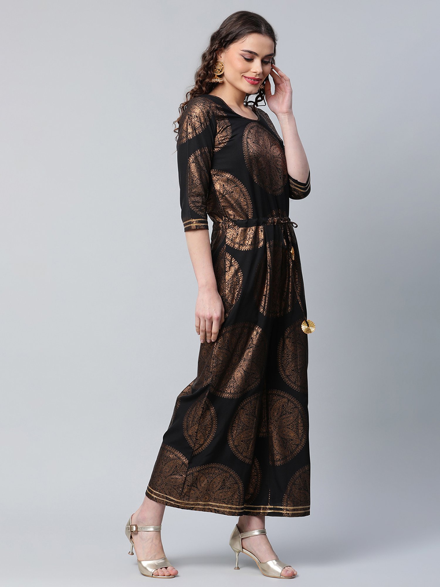 Ahalyaa Black & Golden Paisley Print Jumpsuit