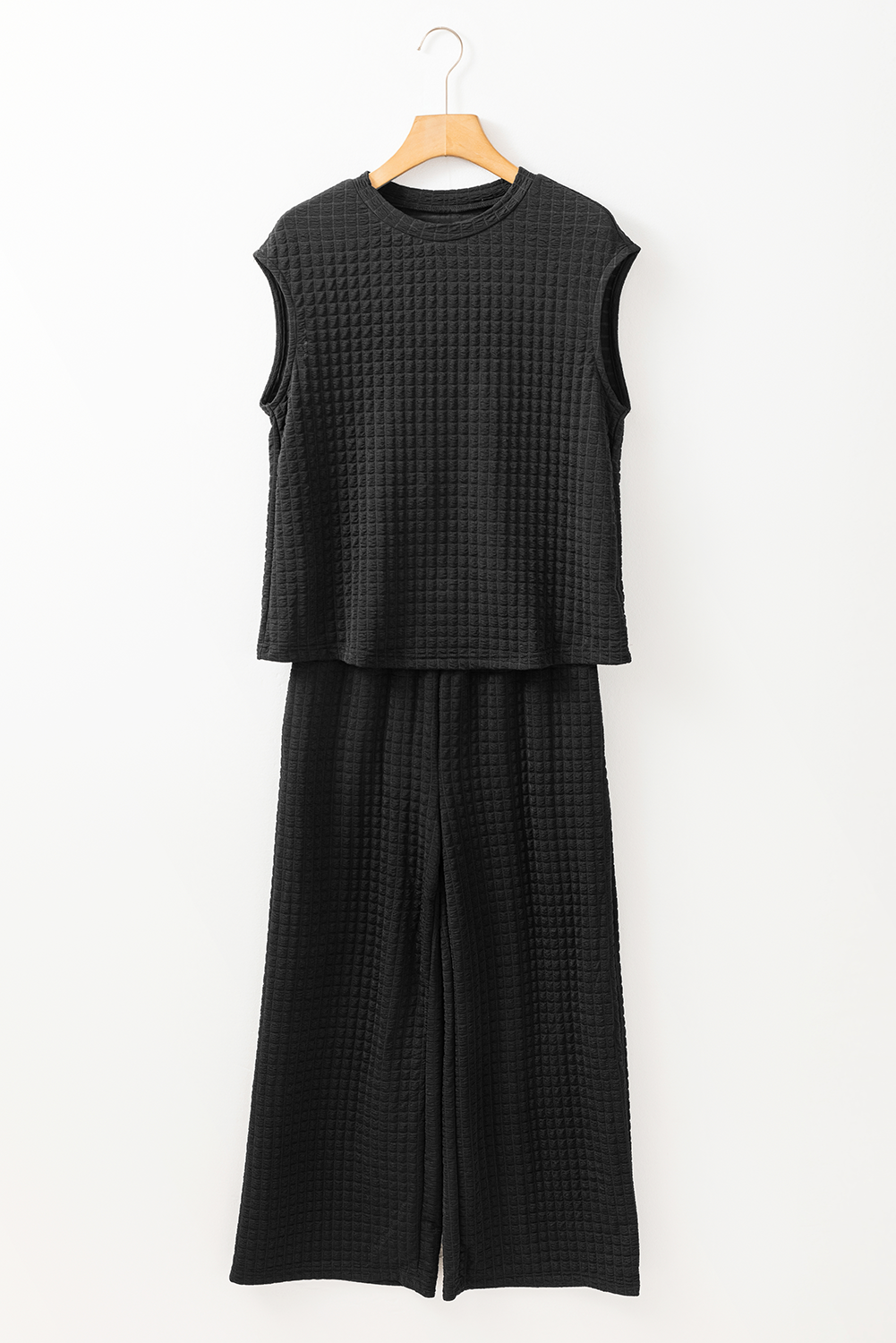 Green Solid Color Quilted Long Sleeve Top and Wide Leg Pants Set