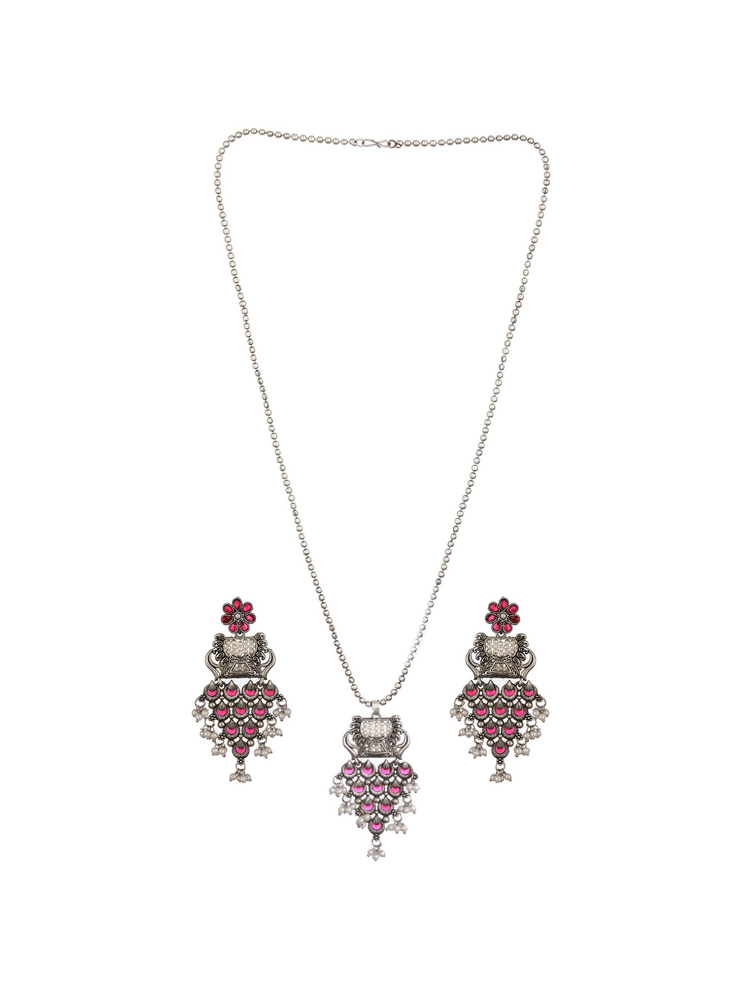 Aatmana Silver-Plated Red Stone Studded & Pearl Beaded Oxidized Necklace Set