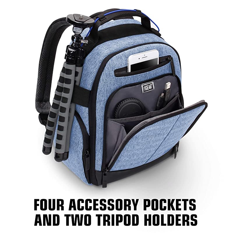 Portable Camera Backpack for DSLR (Blue) with Customizable Accessory Dividers, Weather Resistant Bottom and Comfortable Back Support - Compatible with Canon, Nikon and More
