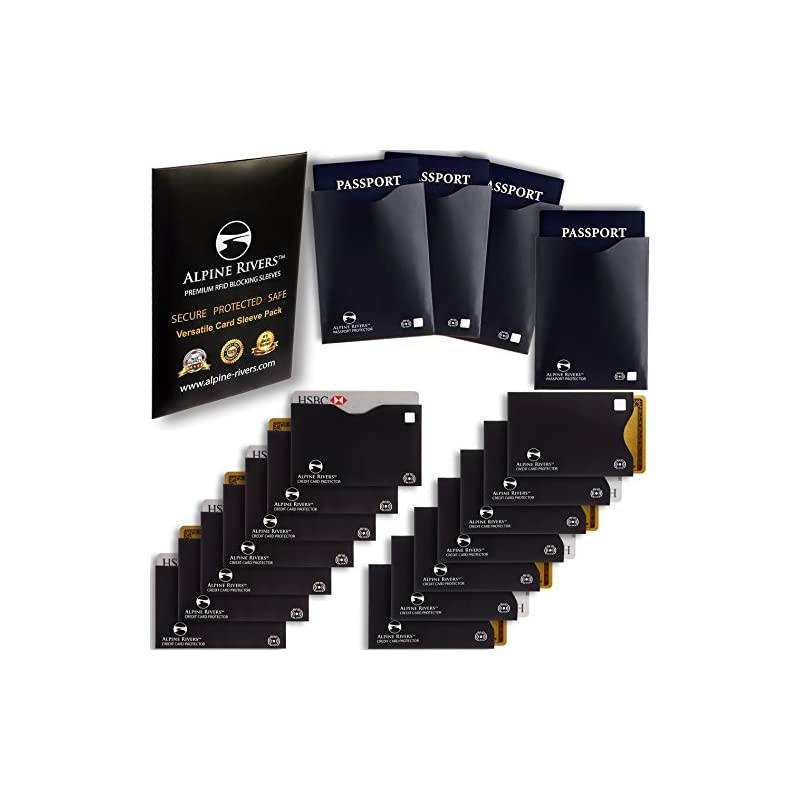 RFID Blocking Sleeves (14 Credit Card Holders & 4 Passport Protectors) Ultimate Premium Identity Theft Protection Set for Men & Women. Smart Slim Design fits Wallet / Purse (Versatile Pack)