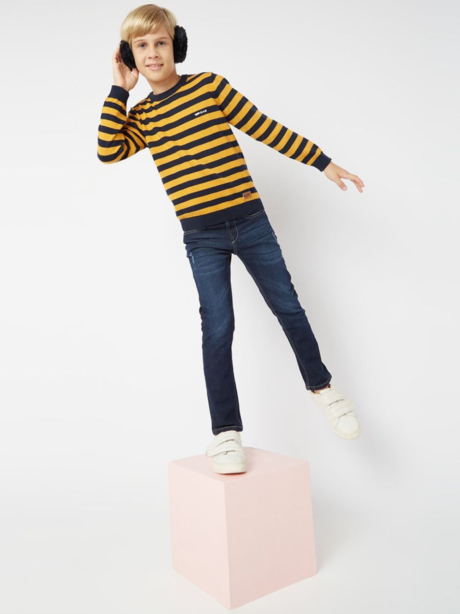 GAS Kids Yellow & Navy Cotton Striped Full Sleeves Sweater