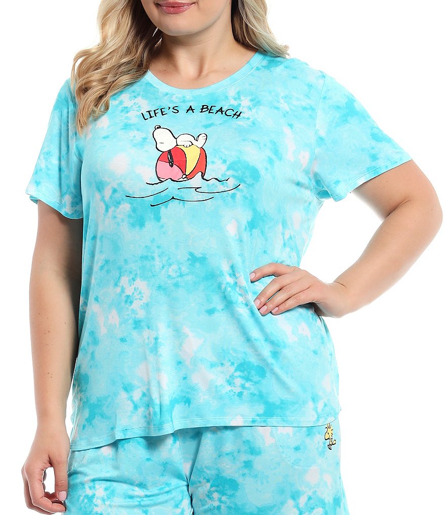 Peanuts Plus Size Tie-Dye Snoopy #double;Life's a Beach#double; Screen Print Jersey Knit Coordinating Sleep Tee