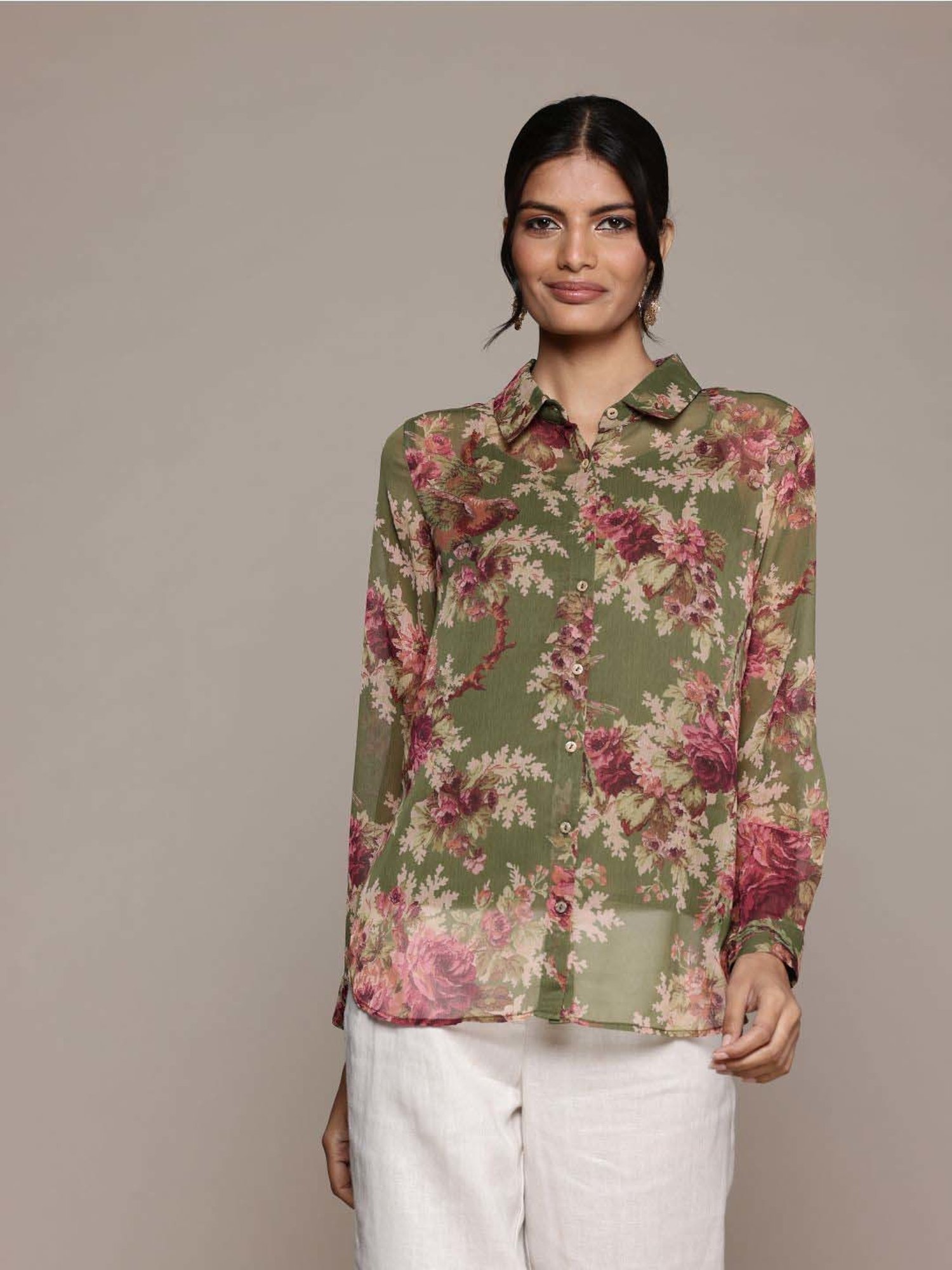 AARKE RITU KUMAR Green Floral Print Shirt With Camisole