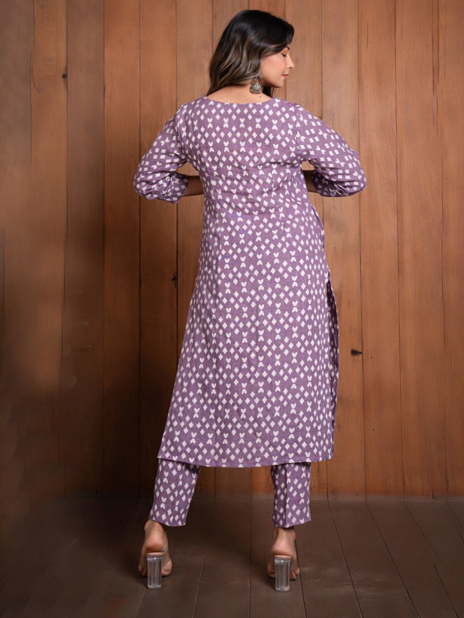 Eeshva India Lavender Geometric Print Pure Linen Kurta