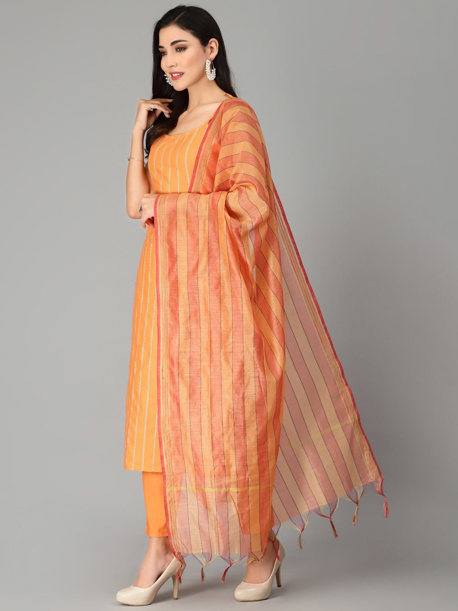 Stylum Orange Striped Kurta Pant Set With Dupatta