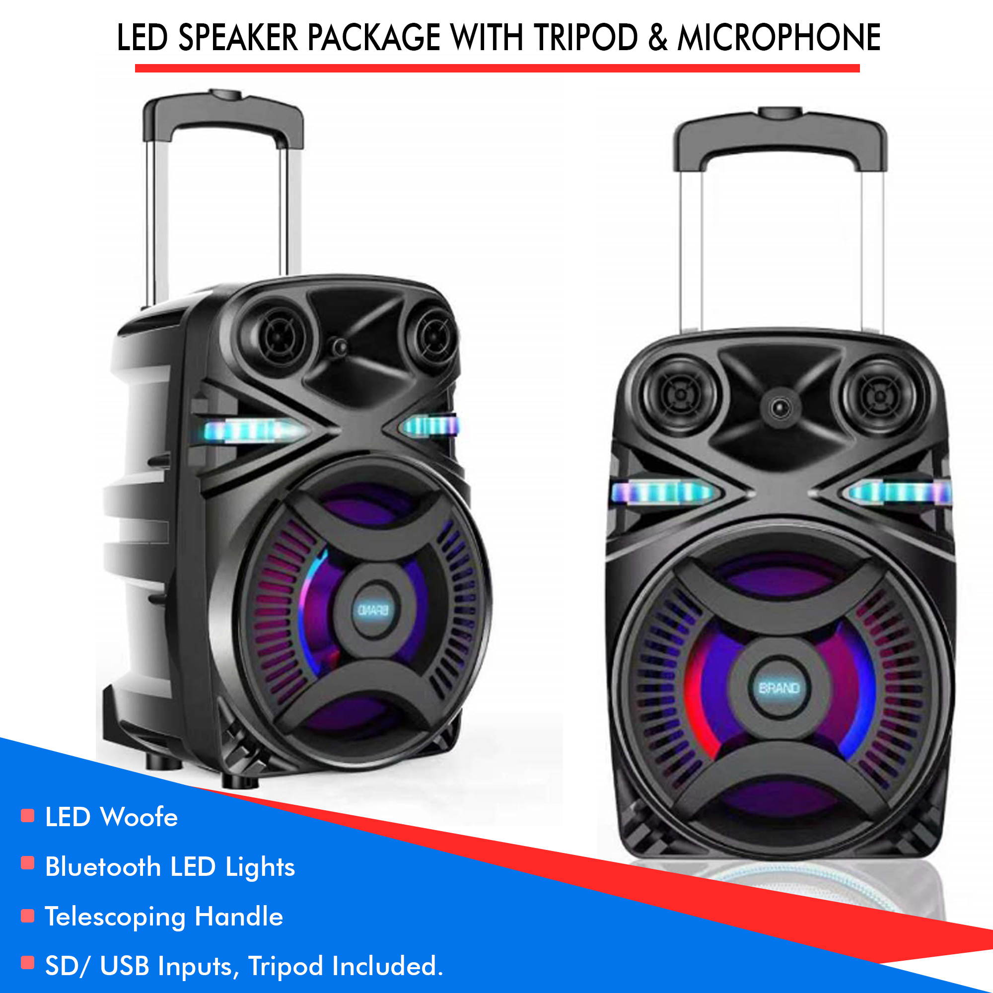 Technical Pro Rechargeable 15 Inch Bluetooth LED Speaker Package with Tripod & Microphone, Bluetooth LED Lights, LED Woofer, Telescoping Handle, SD/ USB Inputs, Tripod Included, TWS Stereo Sound