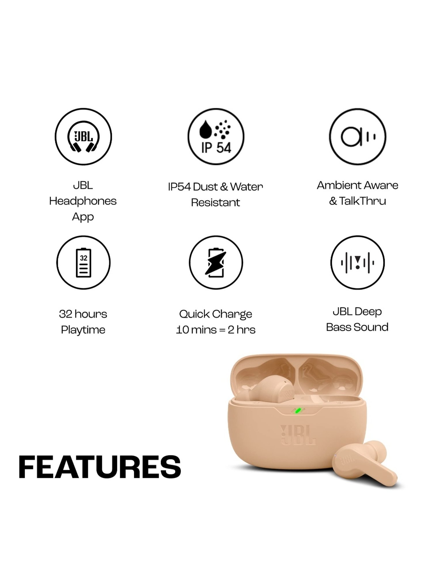 JBL Wave Beam in-Ear  with 32H Battery & Ip54 Water Resistance (Beige, True Wireless)