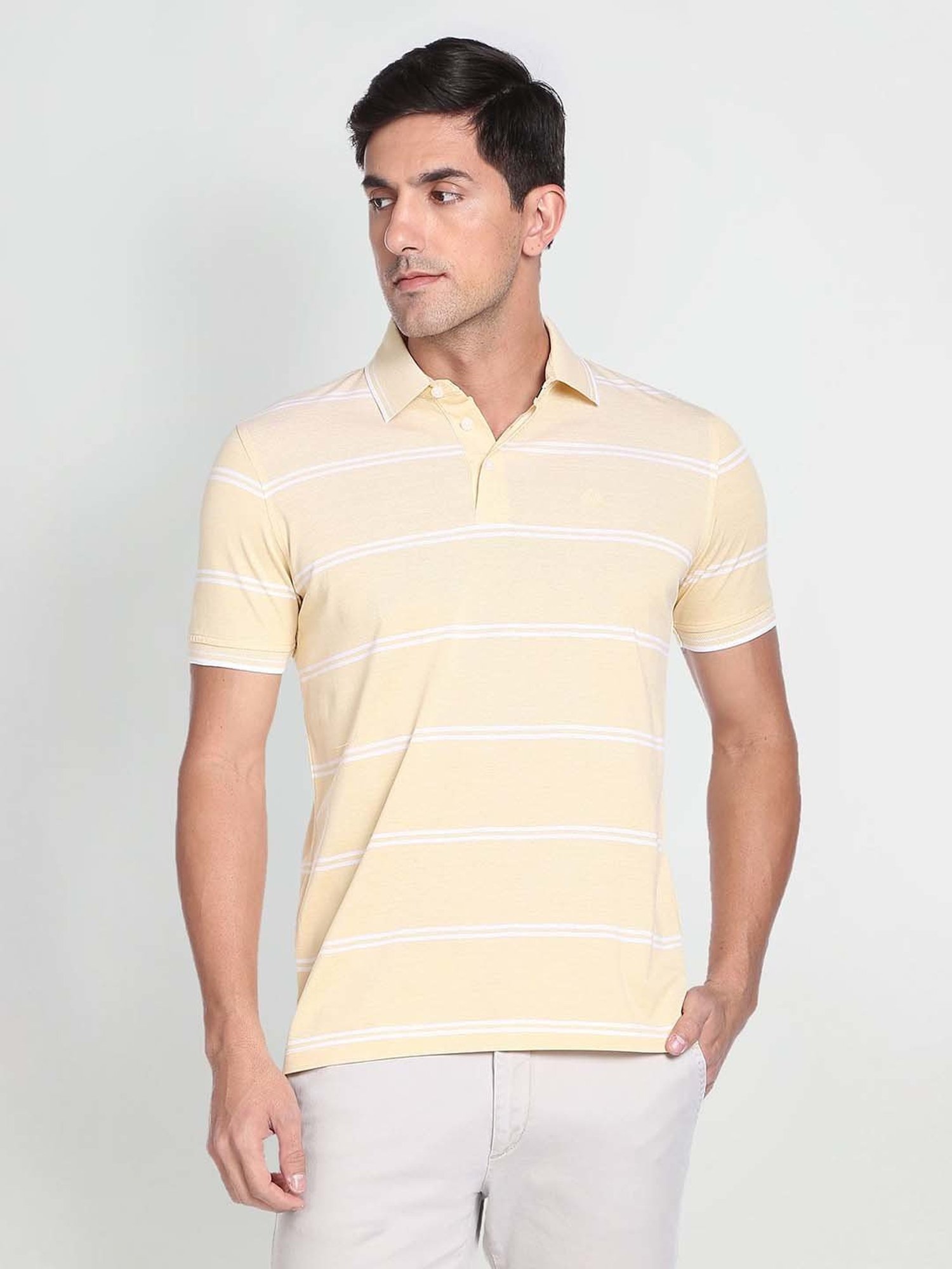 Arrow Yellow Regular Fit Striped Polo T-Shirt