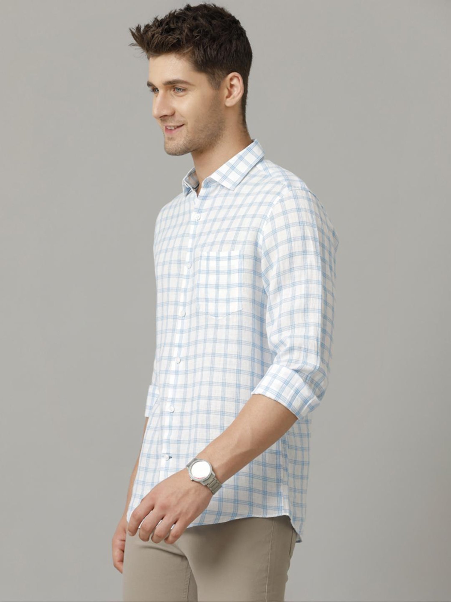 Linen Club Blue Linen Contemporary Fit Checks Shirt