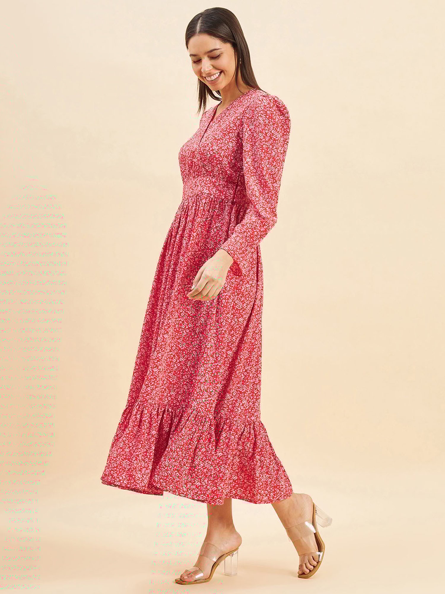 PANIT Red Floral Print Ethnic Dress