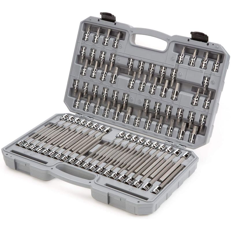TEKTON SHB91312-D 91 Piece 3/8 Inch Drive Hex, Torx, TR Torx, Phillips, Slotted, Square Bit Socket Set with with Portable Travel Case, Silver