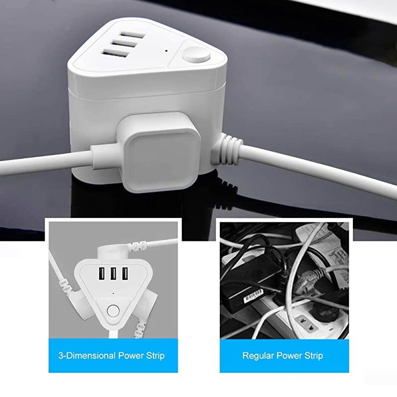 Power Strip with 3 USB Ports, 3 Outlet Portable Plug Strip with 5.5 Feet Extension Cord, Cruise Travel, Desktop Multi-Plug Outlet, Child Protectors Compact Socket, White