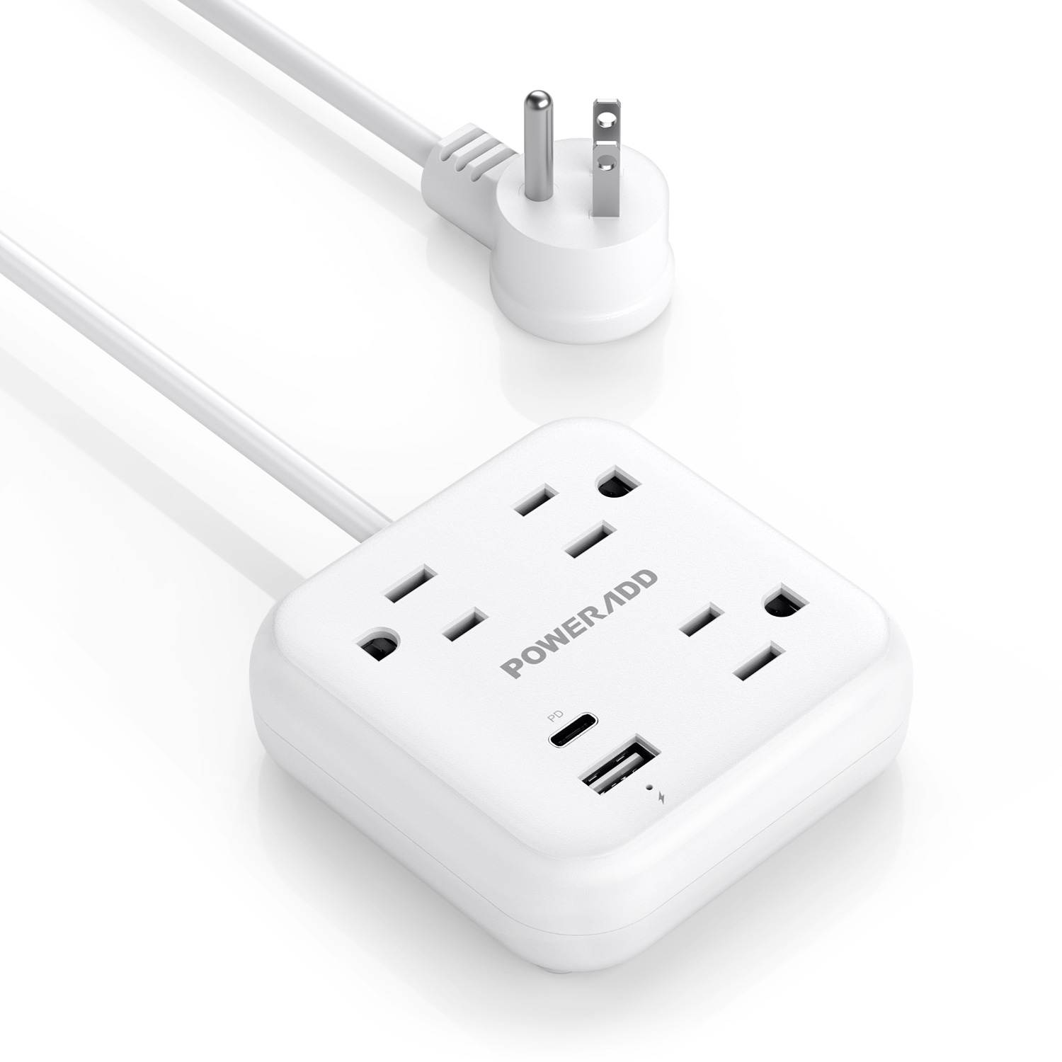 Poweradd Power Strip with USB C Power Delivery 18W, Travel Power Strip Mini with 3 Outlets, 18W USB C & QC 3.0 USB A Port, 5ft Cord, Flat Plug for Cruise Ship, Hotel, Dorm Room and Home,White