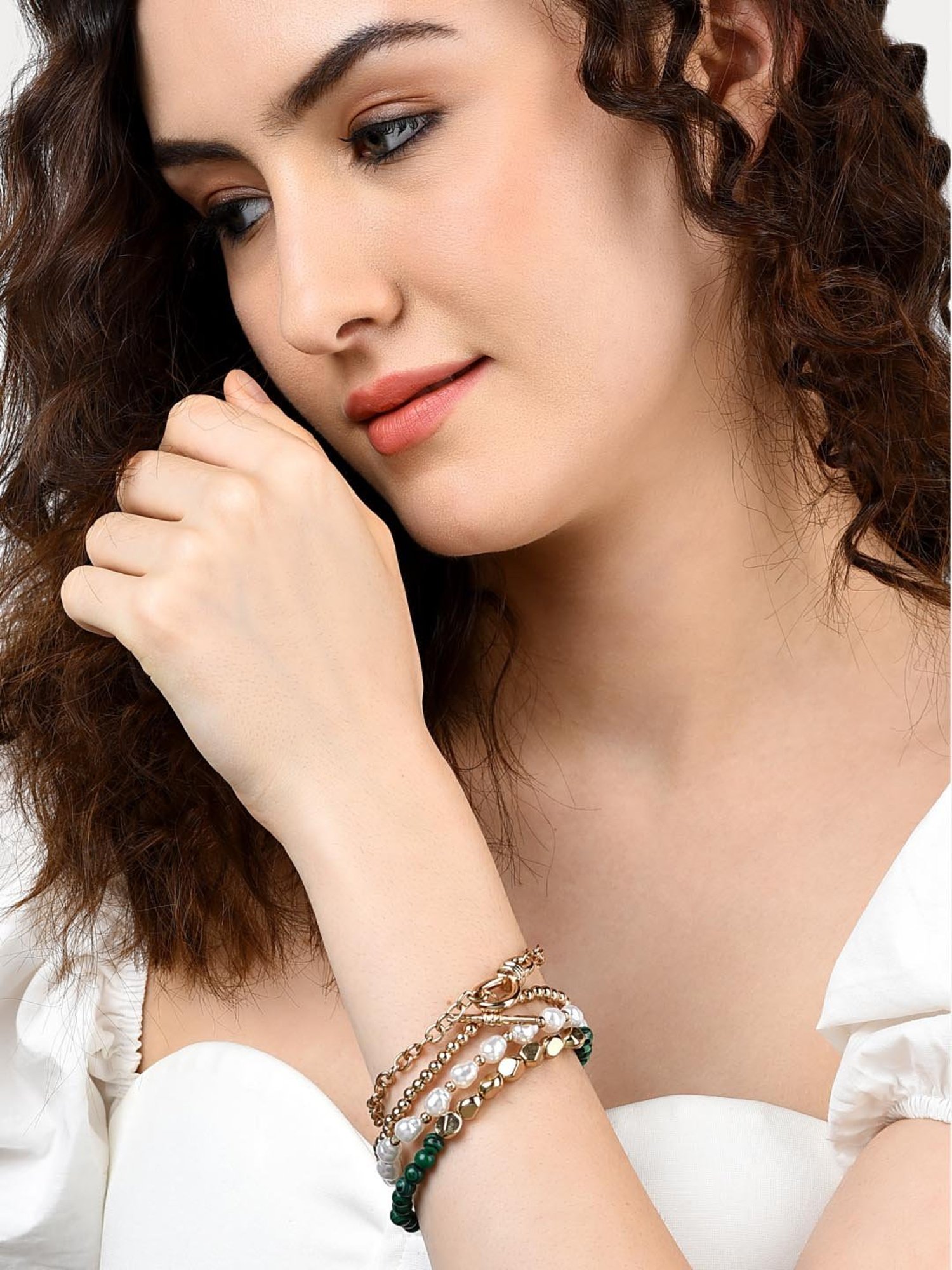 Accessorize London Reconnected Green & Pearl White Flexible Fit Bracelet (Set of 4)