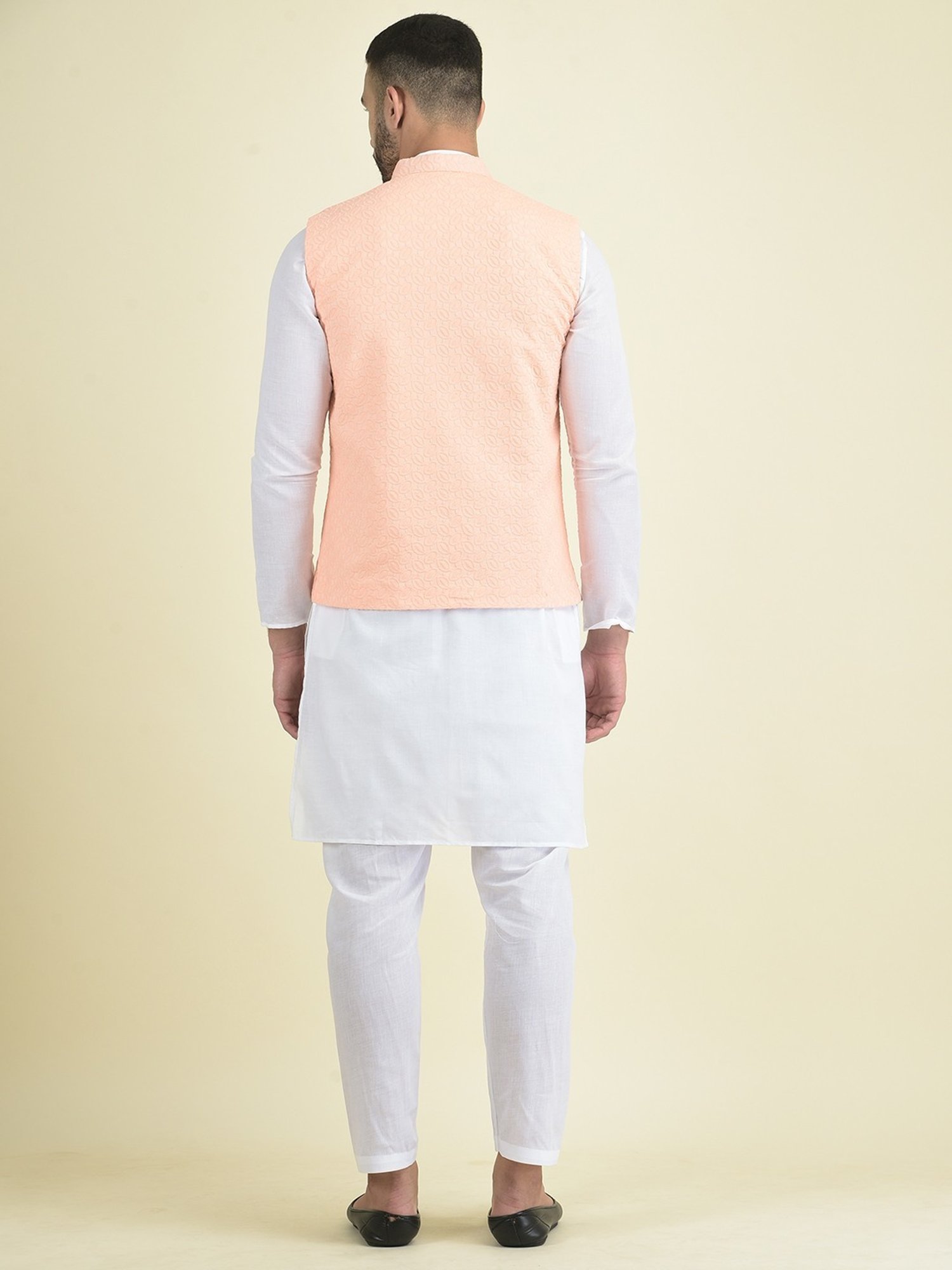 Deyann Peach & White Cotton Regular Fit Embroidered Kurta Set With Jacket