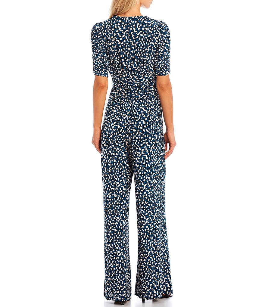 Vince Camuto Twist Front Short Sleeve V-Neck Jersey Knit Geo Jumpsuit