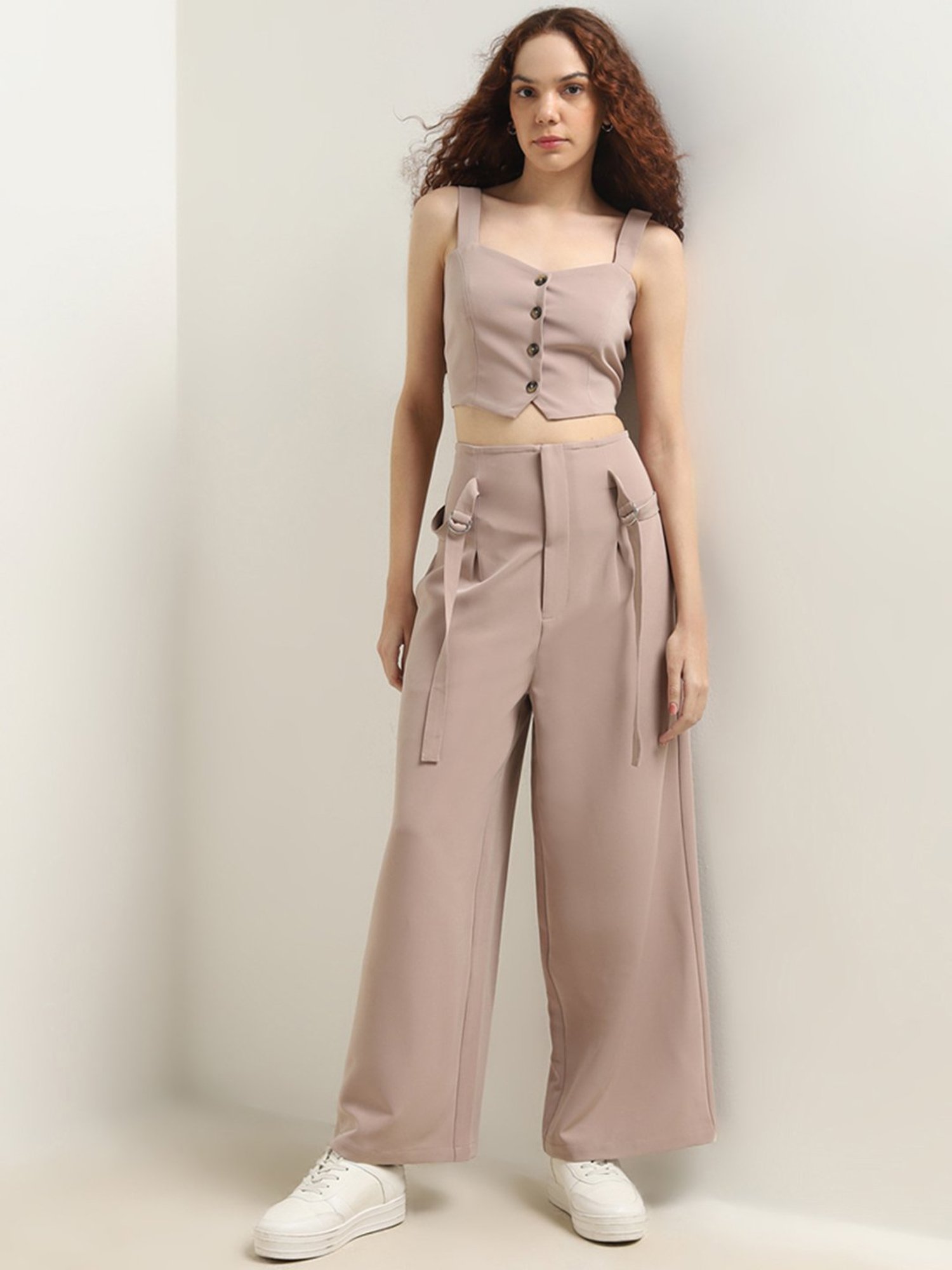 Nuon by Westside Taupe High-Rise Flared Trousers