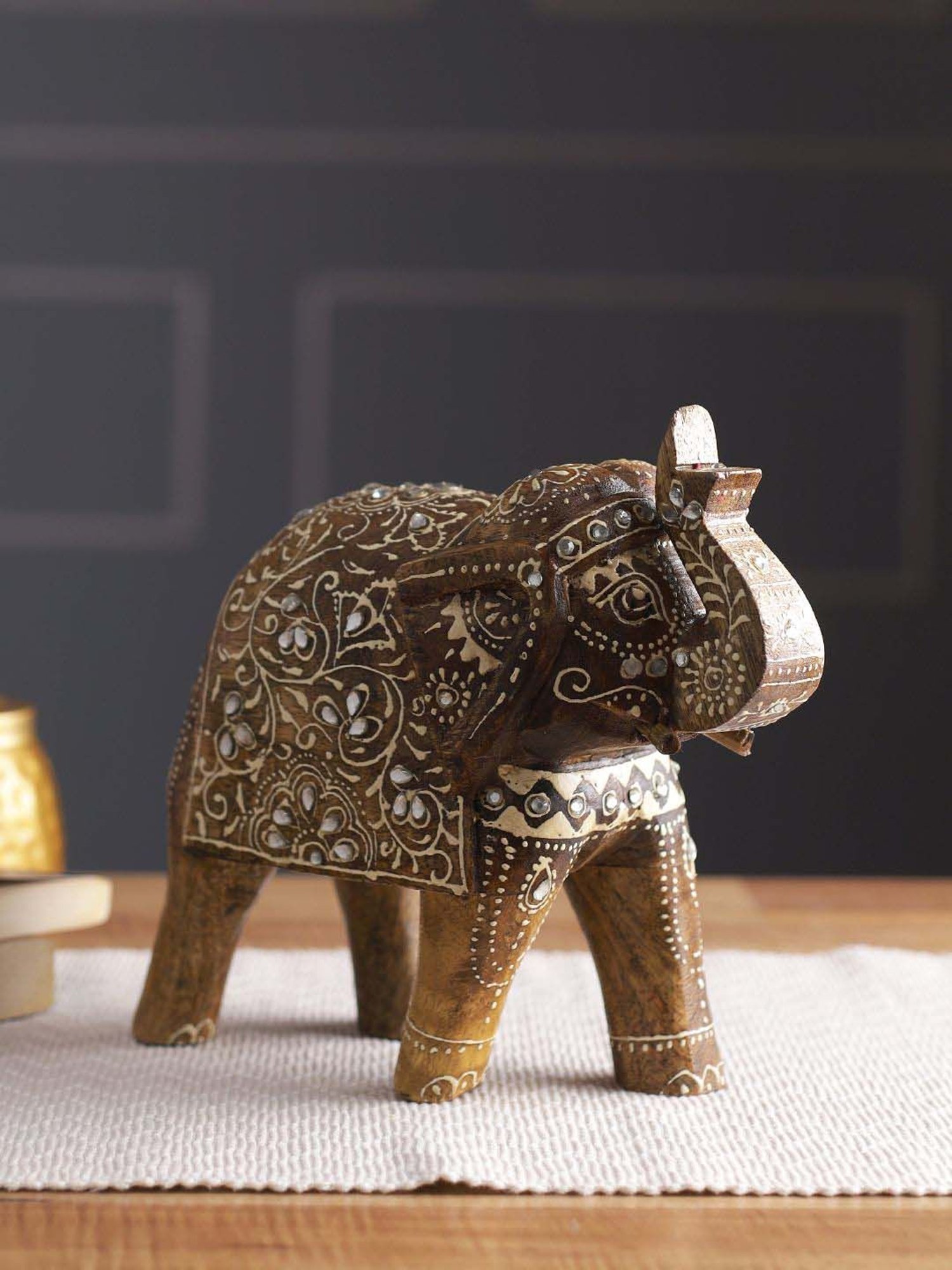 Aapno Rajasthan Brown & White Wooden Elephant Showpiece