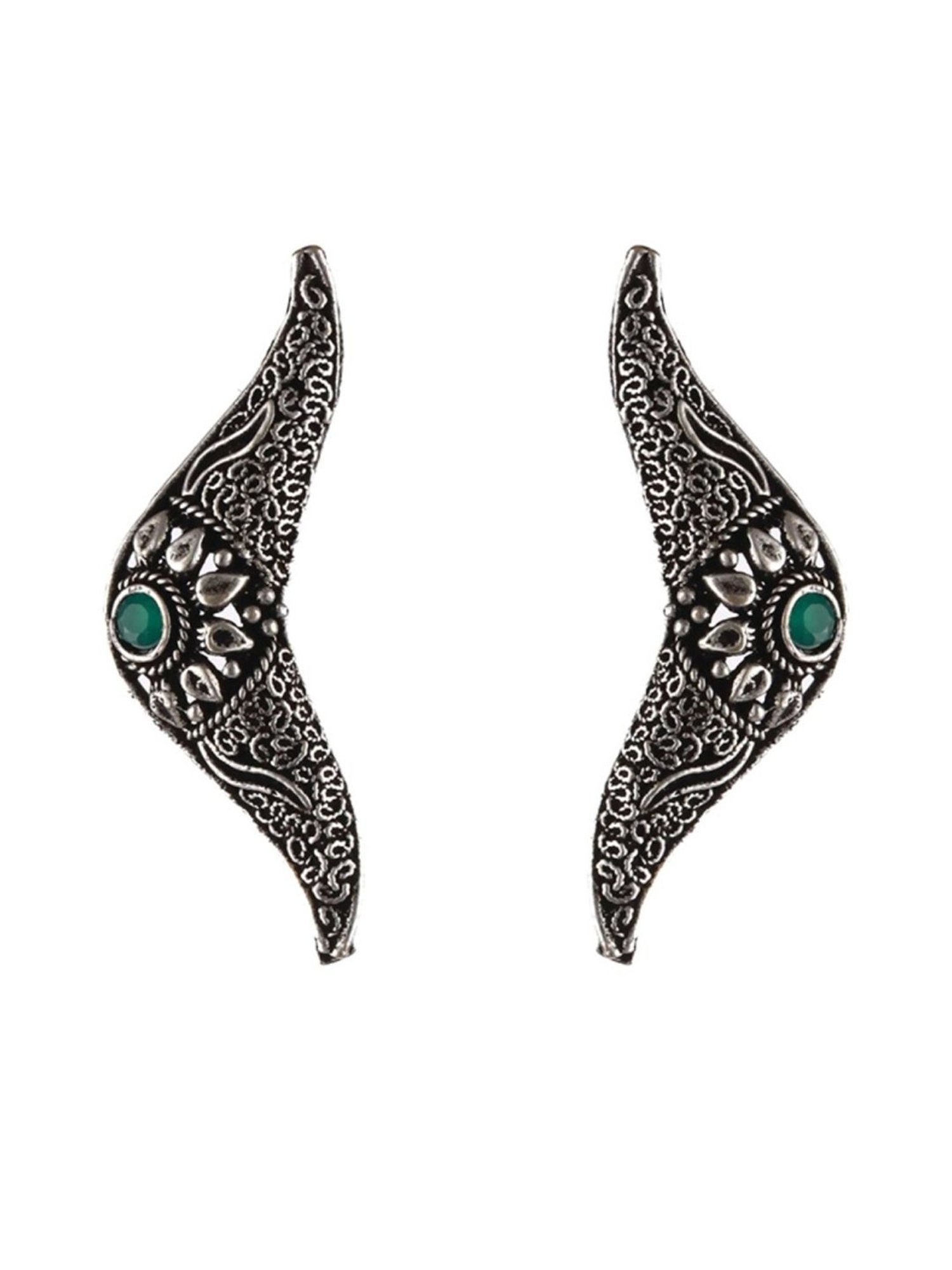 Aatmana Oxidised Silver-Tone Green Stone Studded Filgree Necklace Set for Women