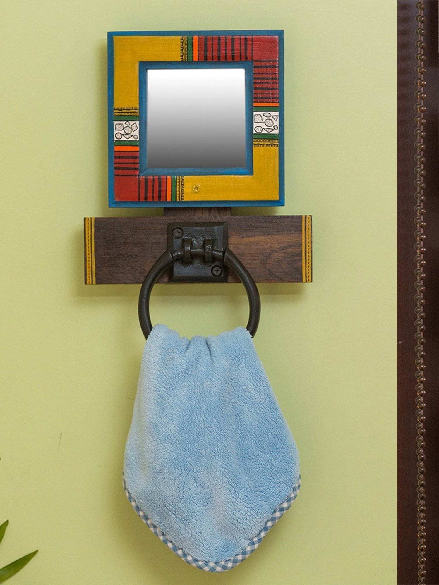 ExclusiveLane Warli Hand-painted Towel Holder & Mirror In Pine Wood