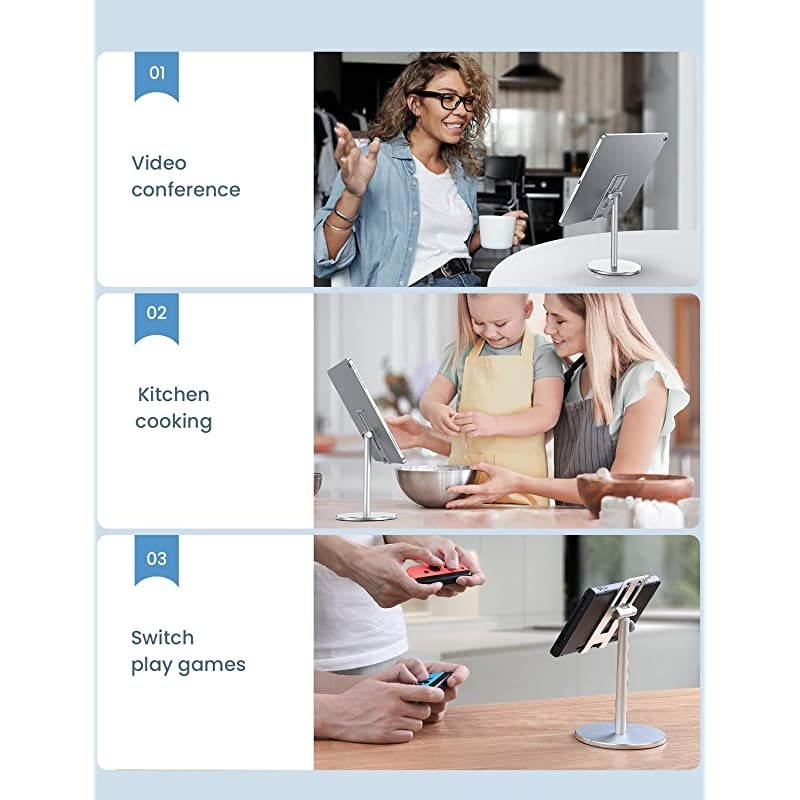 Tablet Stand, Upgraded Stable iPad Stand Holder All Aluminum Alloy, Angle Height Adjustable iPad Holder for Desk Case Friendly for 4.7"-12.9" Phones/iPad/Tablets/Switchs/Kindles/E-Reader-Silver