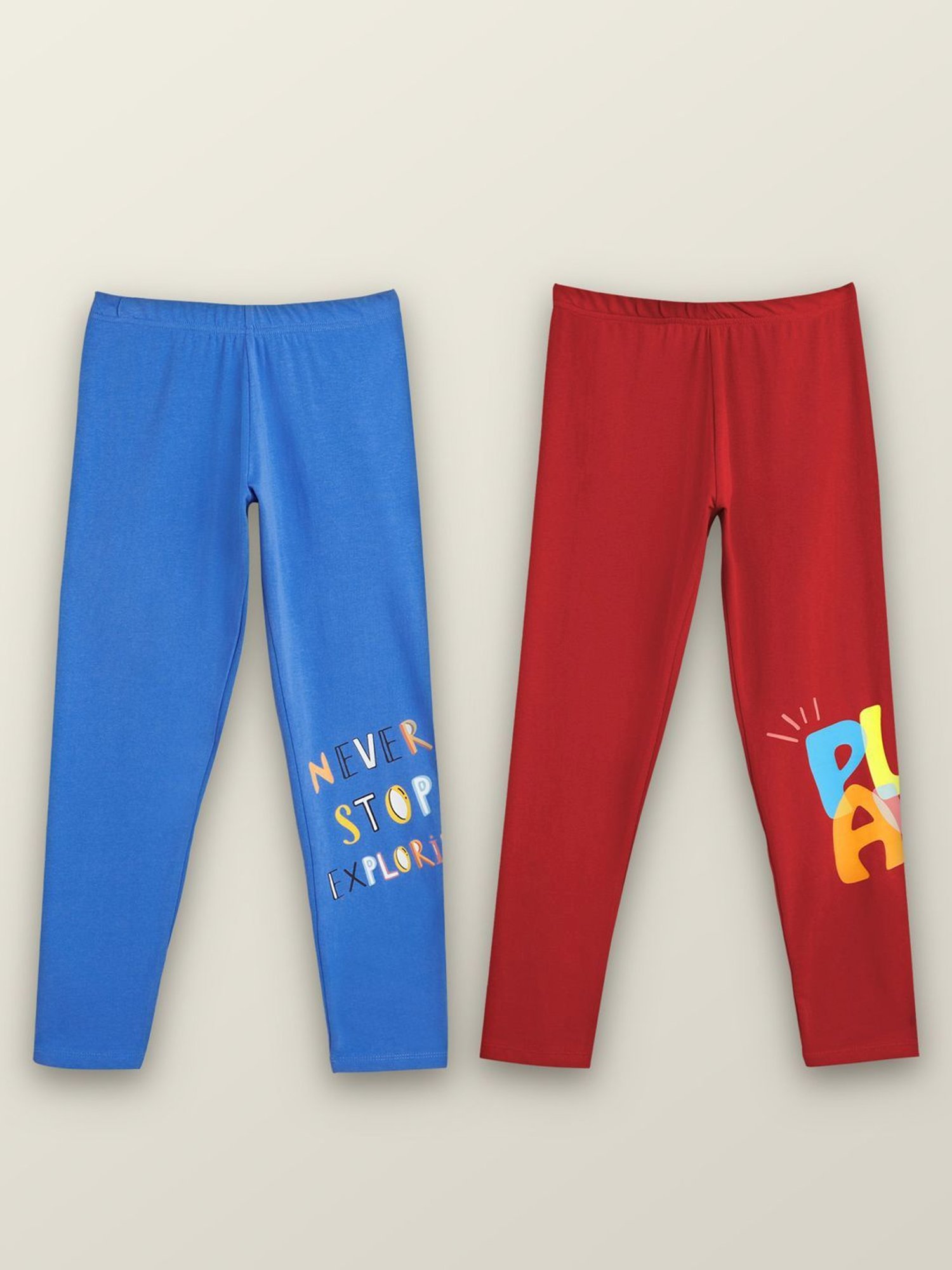 XY Life Kids Blue & Red Cotton Printed Leggings (Pack of 2)