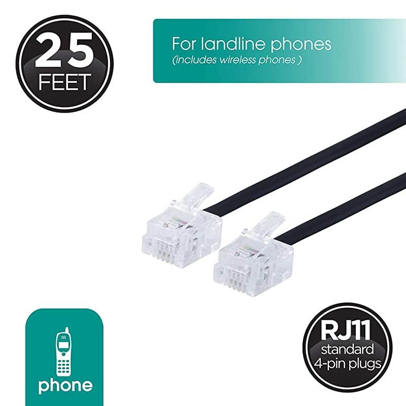 Telephone Line Cord 2 Pack 25 Feet Phone Cord Modular Jack Ends Works for Phone Modem or Fax Machine for Use in Home or Office Black 46077