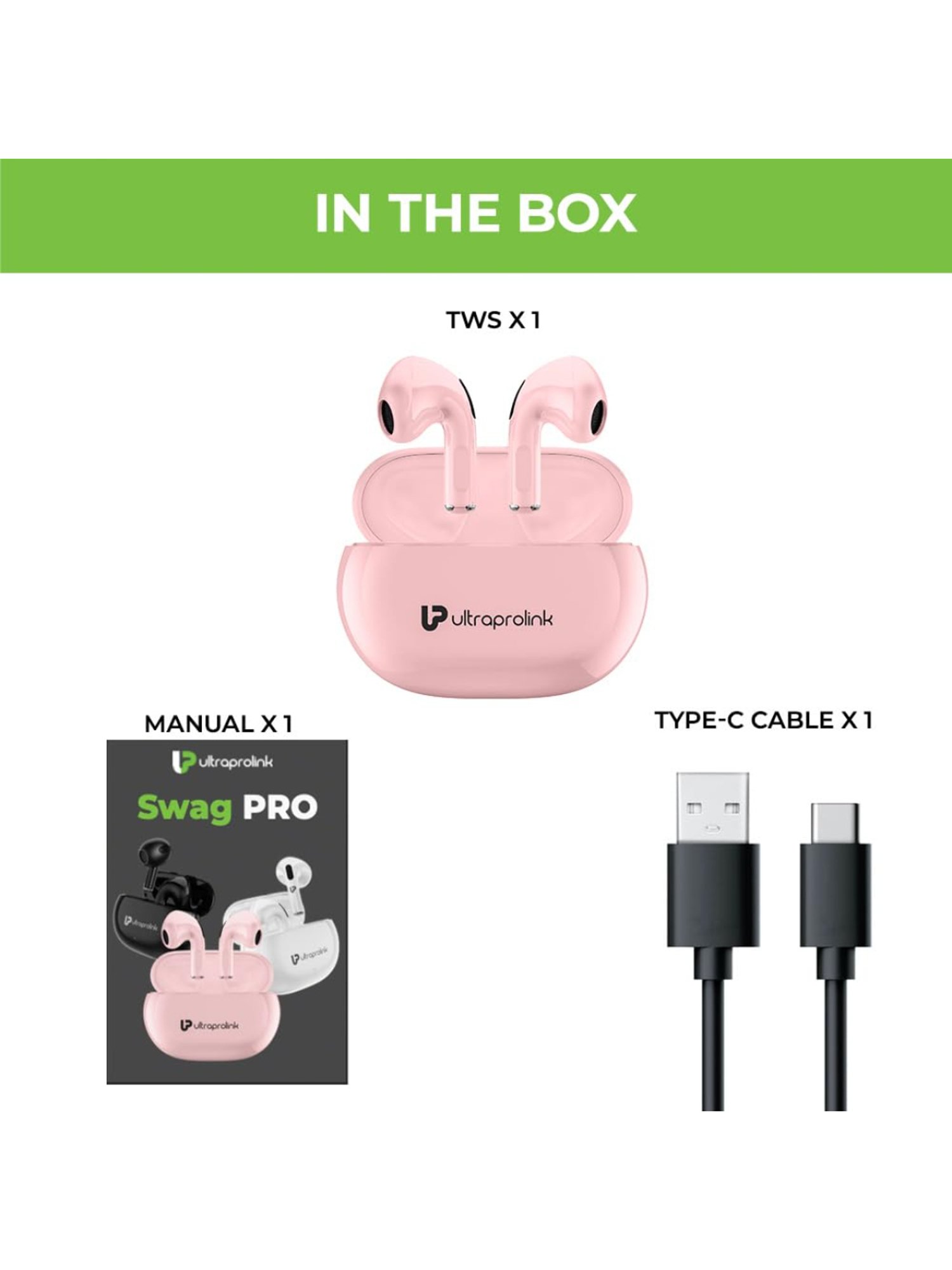 ULTRAPROLINK UM1147 Bluetooth Earbuds with 12H Playtime, Game Mode (Pink, True Wireless)