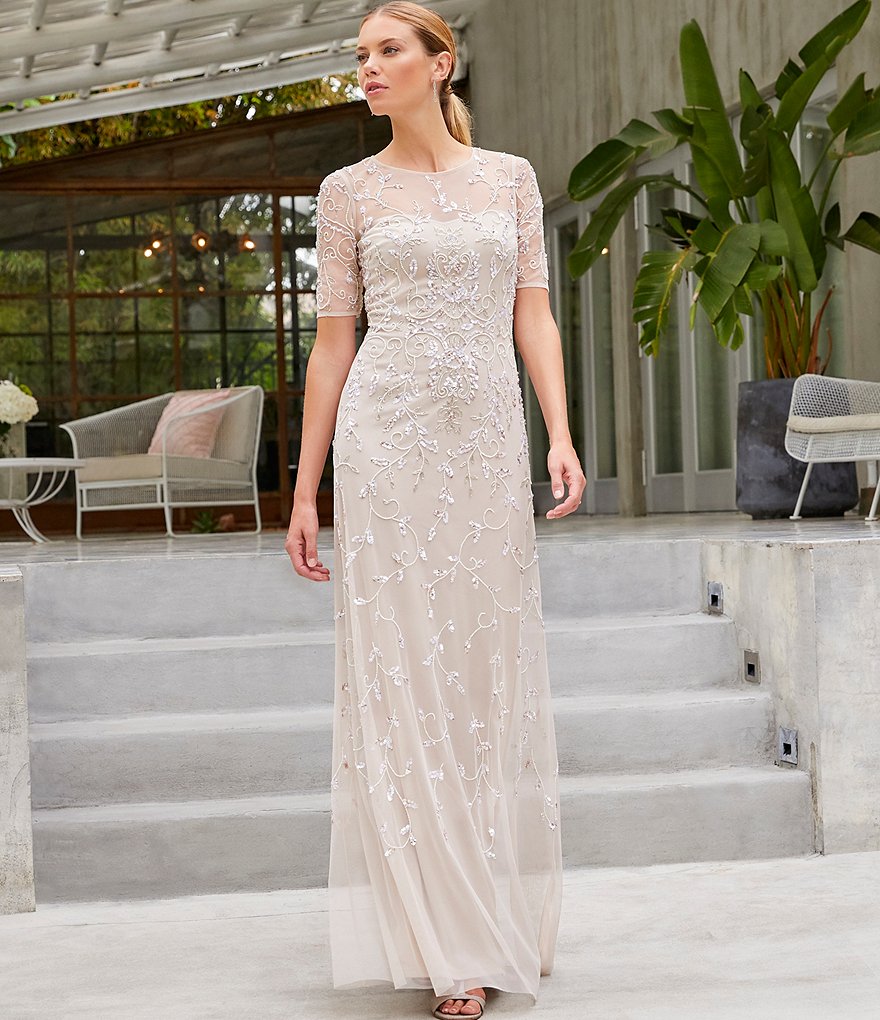 Adrianna Papell Beaded Illusion Jewel Neck Elbow Sleeve Gown
