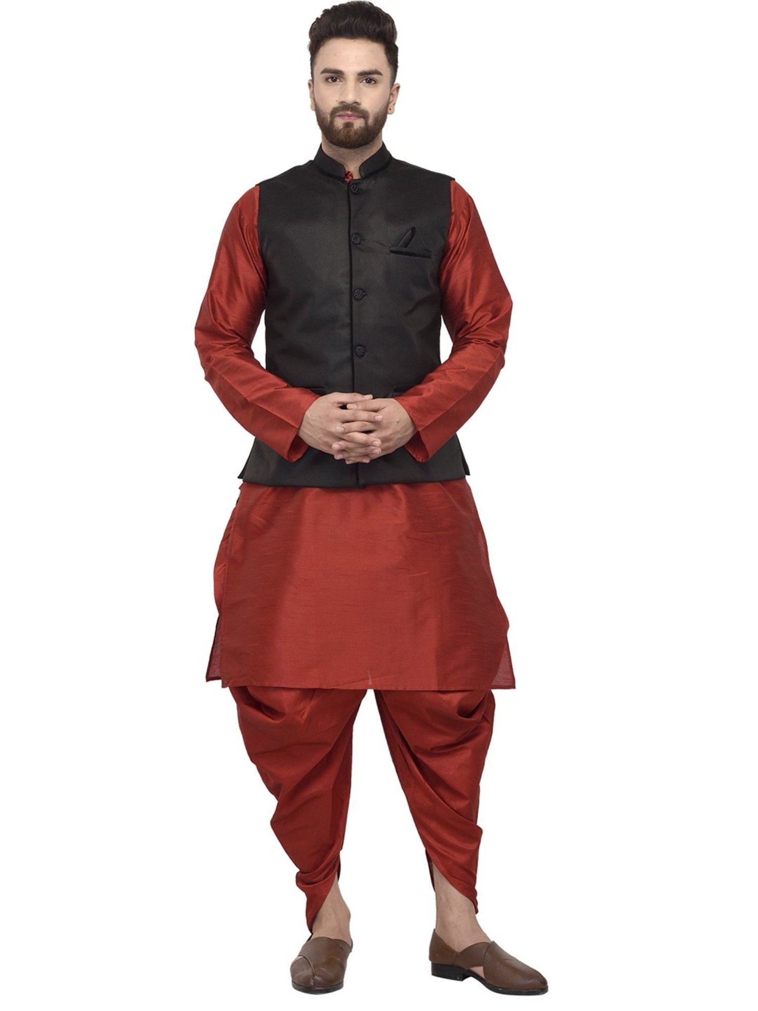 Benstoke Maroon & Black Regular Fit Kurta Set With Jacket