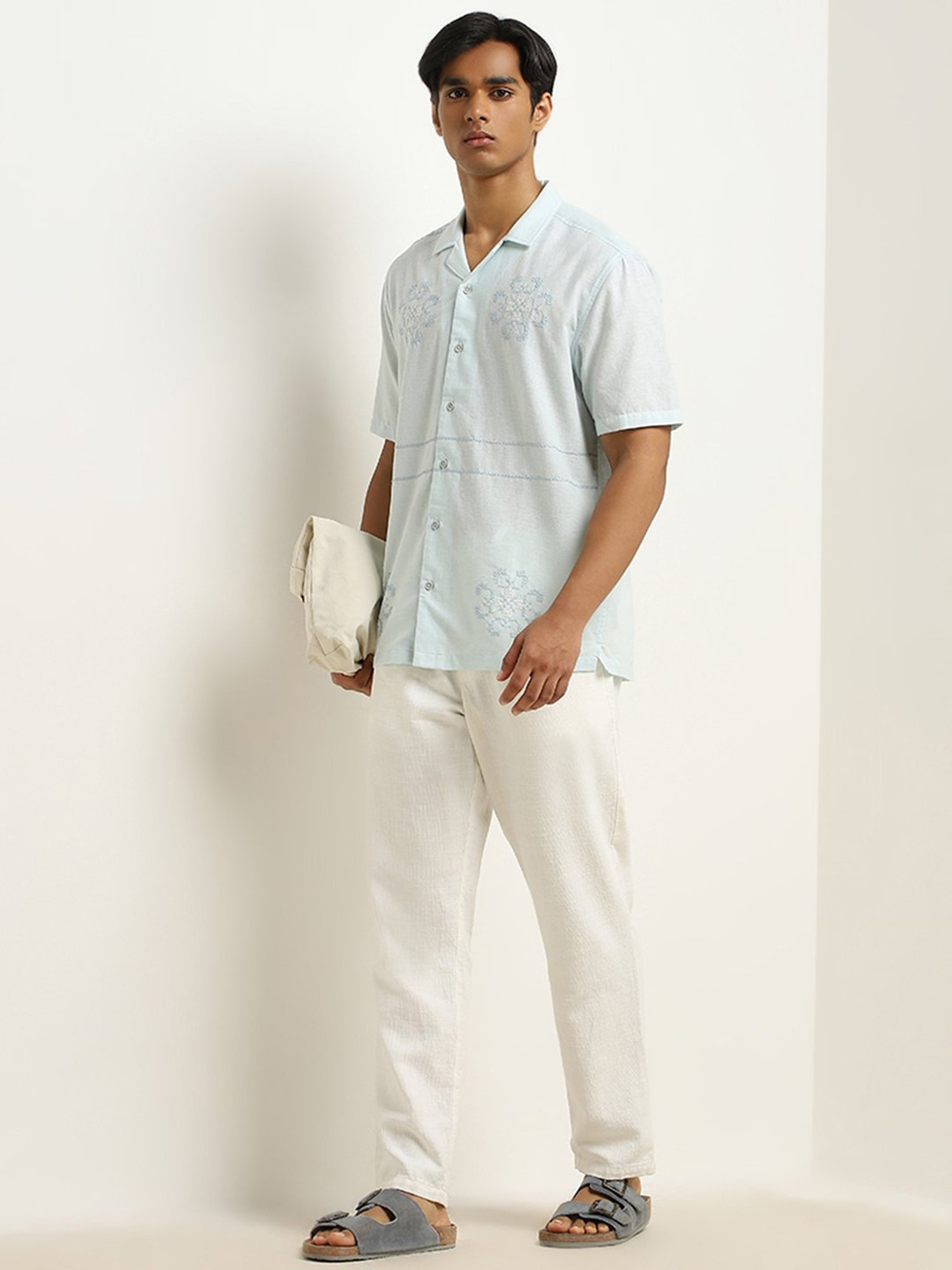 ETA by Westside Light Blue Embroidered Relaxed-Fit Cotton Blend Shirt