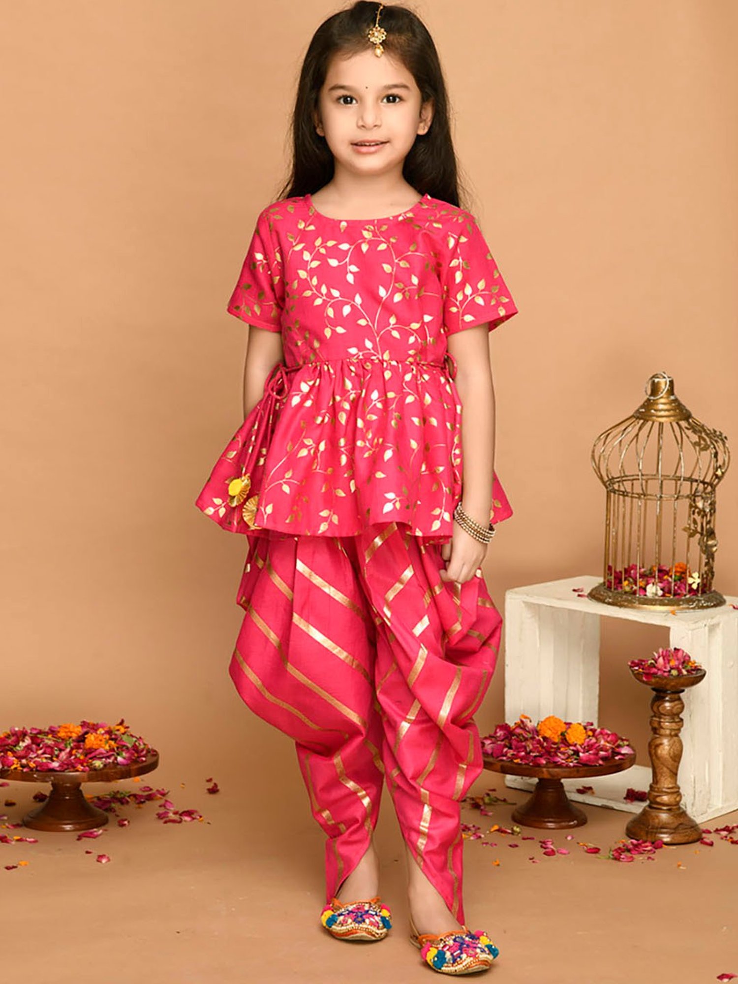 Saka Designs Kids Fuchsia & Gold Printed Jhabla with Dhoti