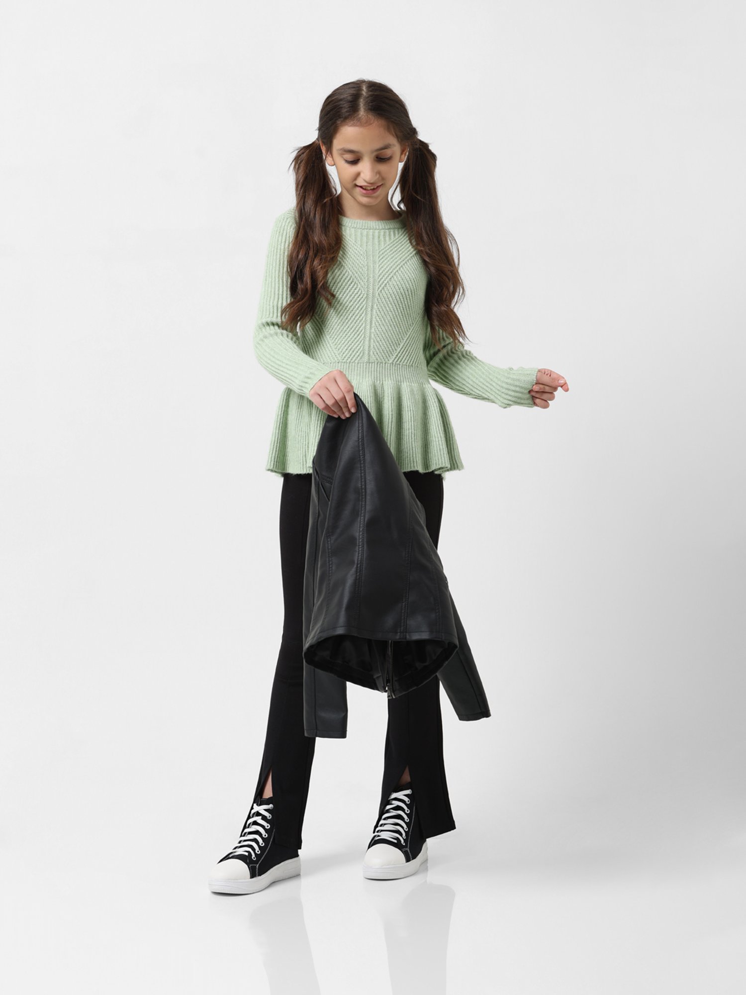 VERO MODA GIRL Green Self Design Full Sleeves Sweater
