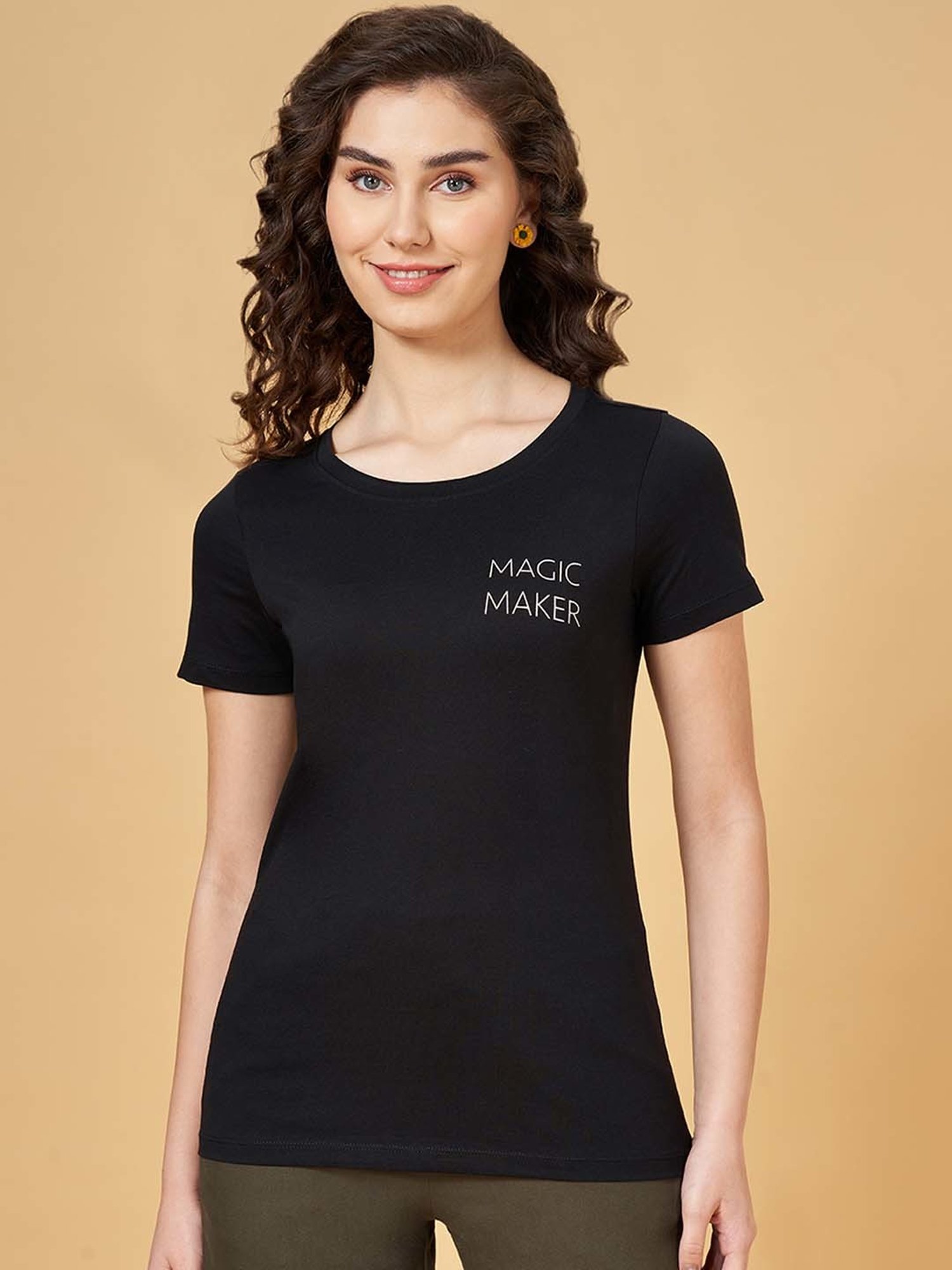 Honey by Pantaloons Black Cotton Printed T-Shirt