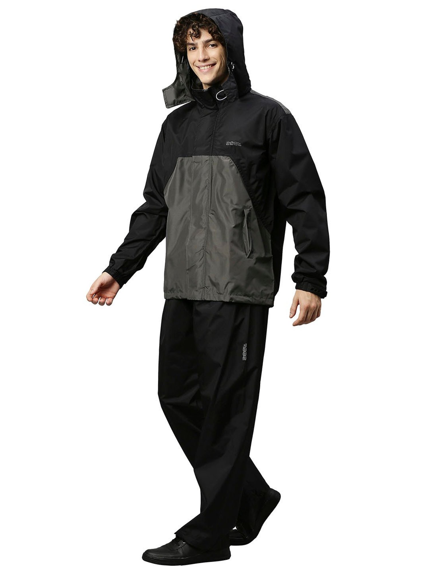 Zeel Black & Grey Colour-Block Rainwear Jacket
