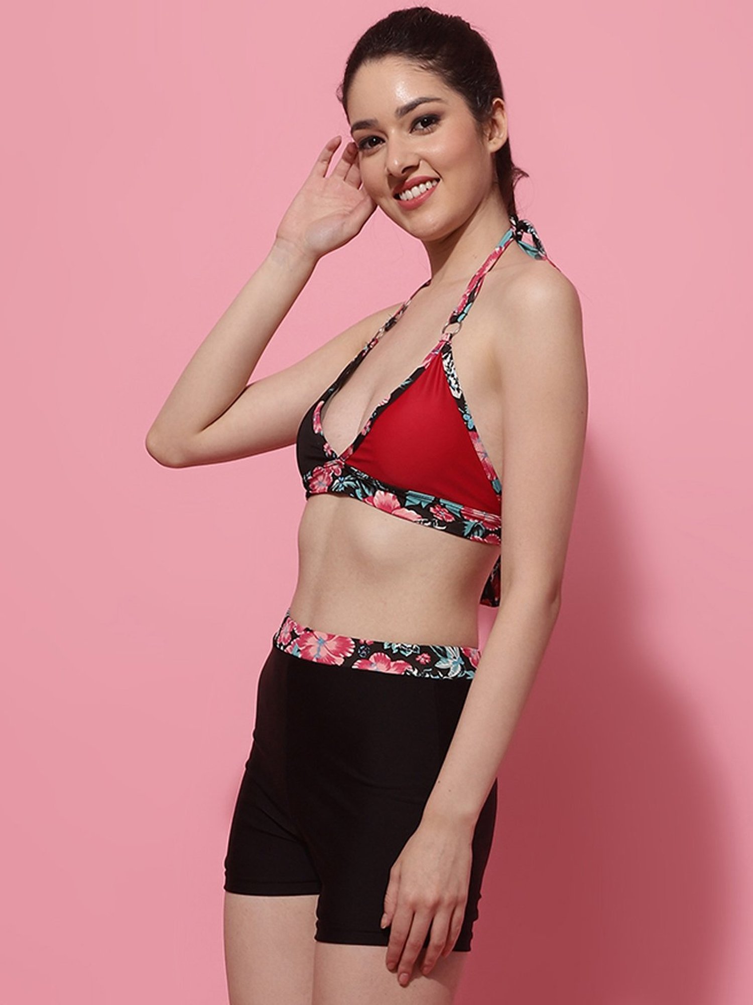TAG 7 Red & Black Floral Print Swimsuit Set
