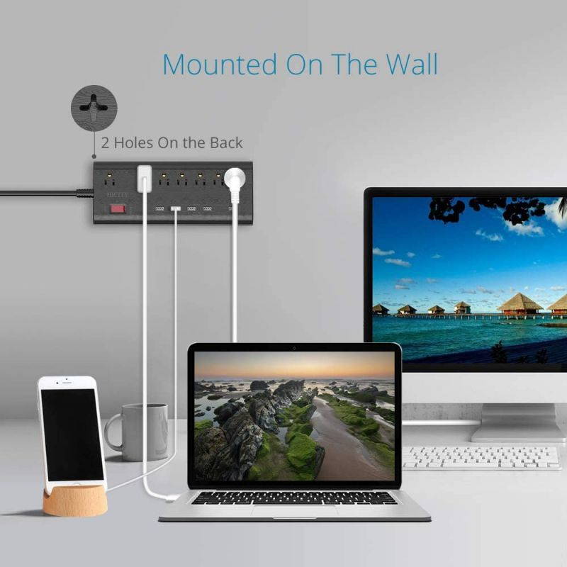 Power Strip Surge Protector with 5 USB Ports (30W/6A) and 7 Outlets (1625W/13A), 2100 Joules, 6ft Heavy Duty Extension Cord, HICITY Wall Mountable Multiplug for Home & Office - Black