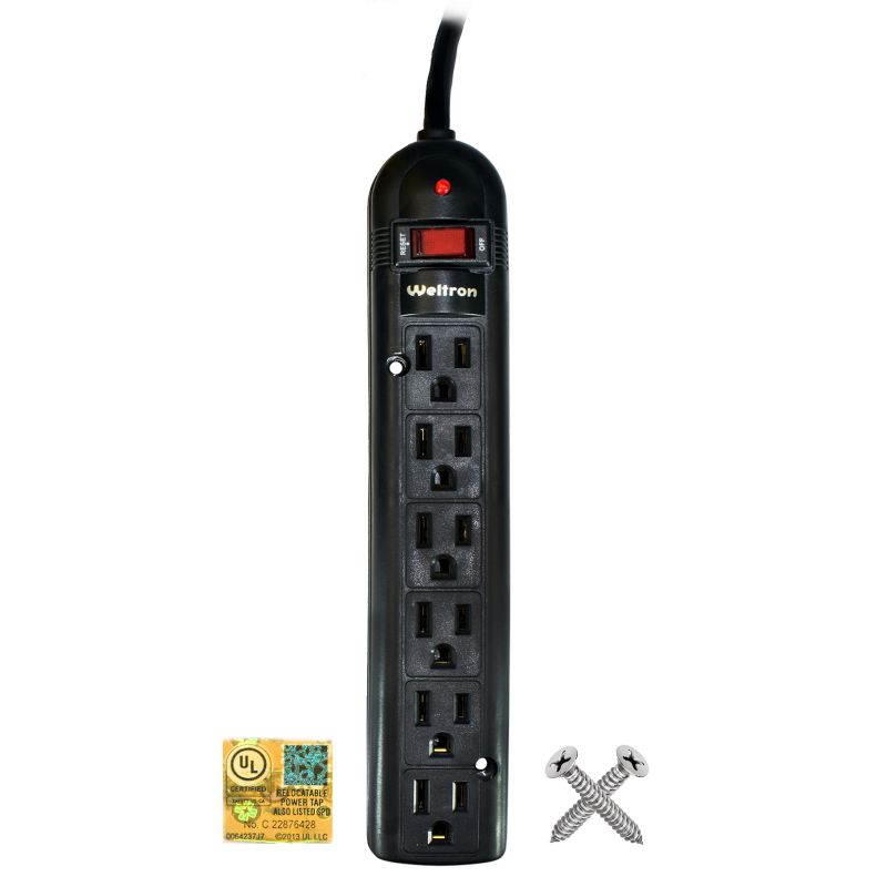 THIS 6 OUTLET PLASTIC POWER STRIP HAS 750 JOULES, EMI/RFI FILTER AND A 25FT POWE